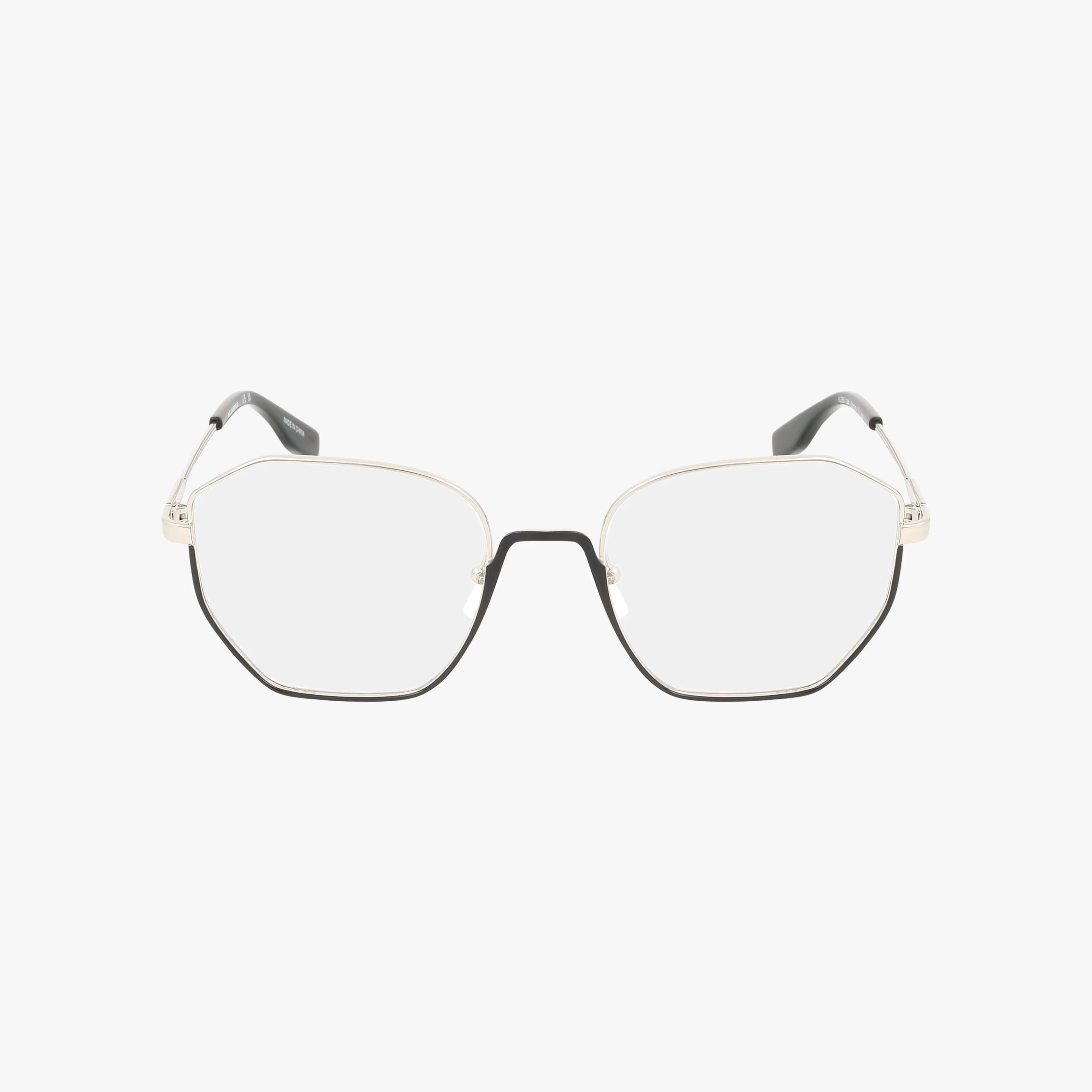 The KL356 eyeglasses feature thin, geometric metal frames in gold and black, clear lenses, and black-tipped temple arms, all showcased against a plain white background.