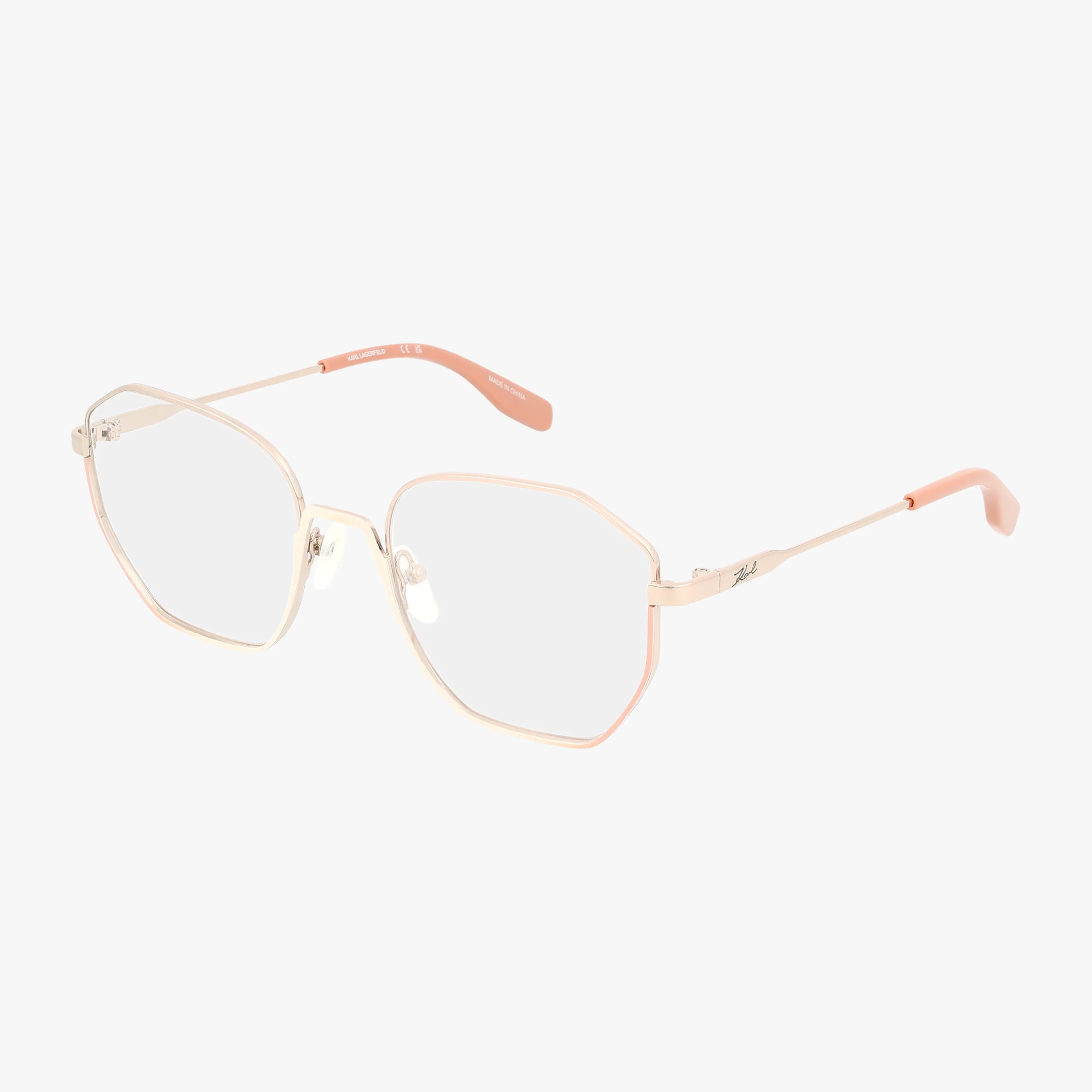 KL356 gold-framed geometric eyeglasses feature bold pink accents on the temples and earpieces, displayed against a white background.