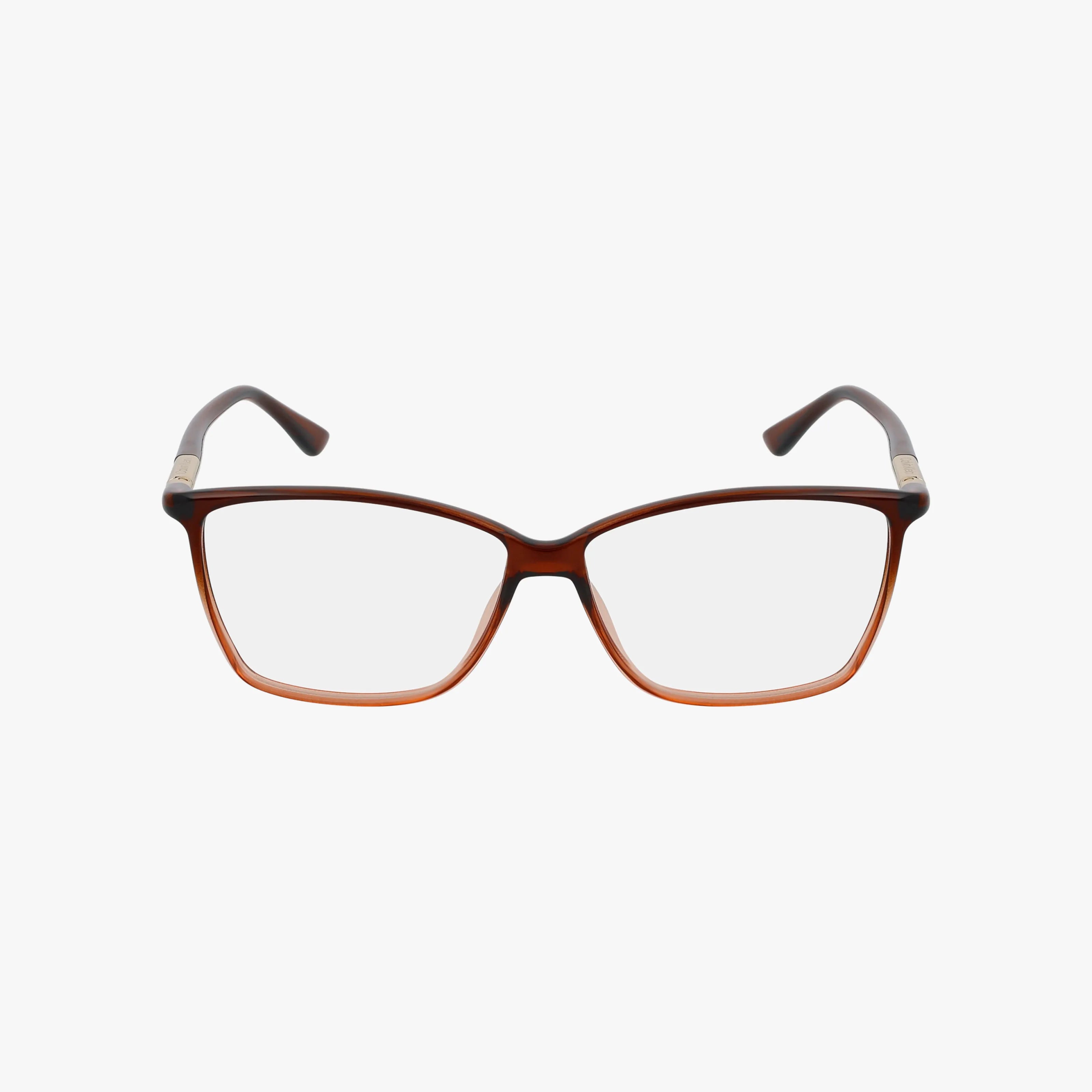 Front view of Calvin Klein CK21524 brown rectangular eyeglasses with prescription lenses and slightly curved temples, displayed on a white background.