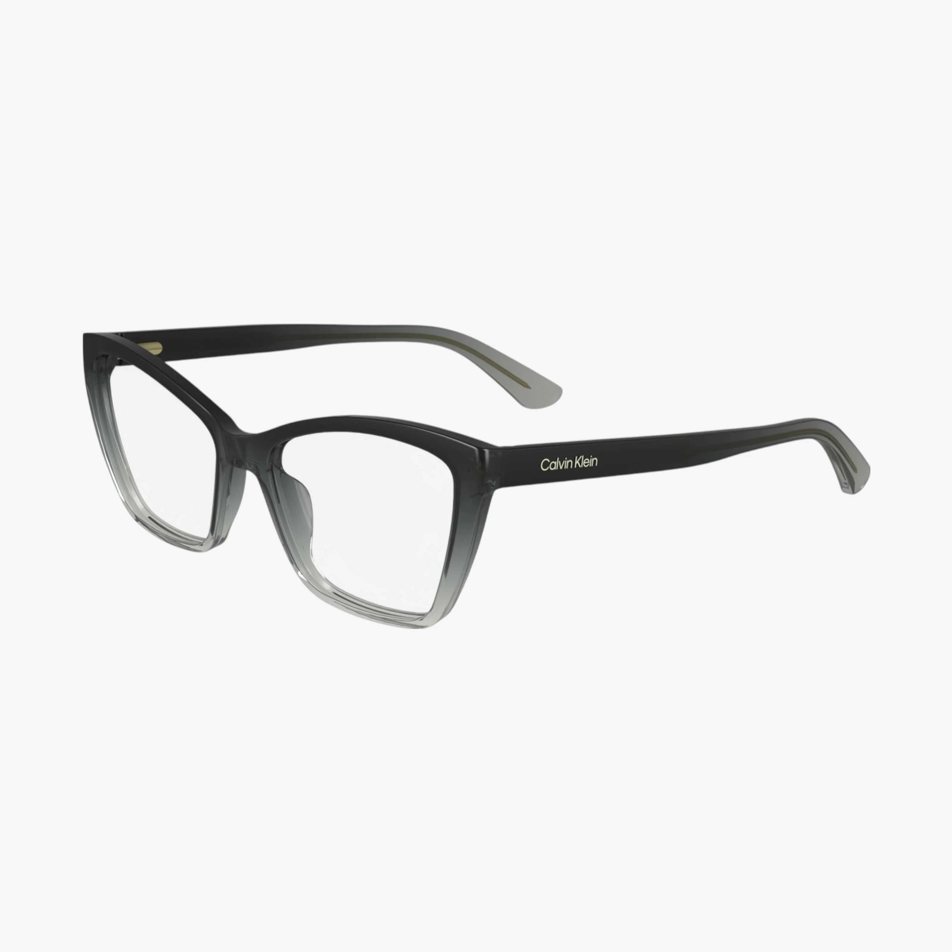 The CK24523 Calvin Klein eyeglasses feature a black-to-transparent gradient frame, rectangular lenses, and a subtle logo on the temple. Sturdy and stylish, they are displayed against a white background.