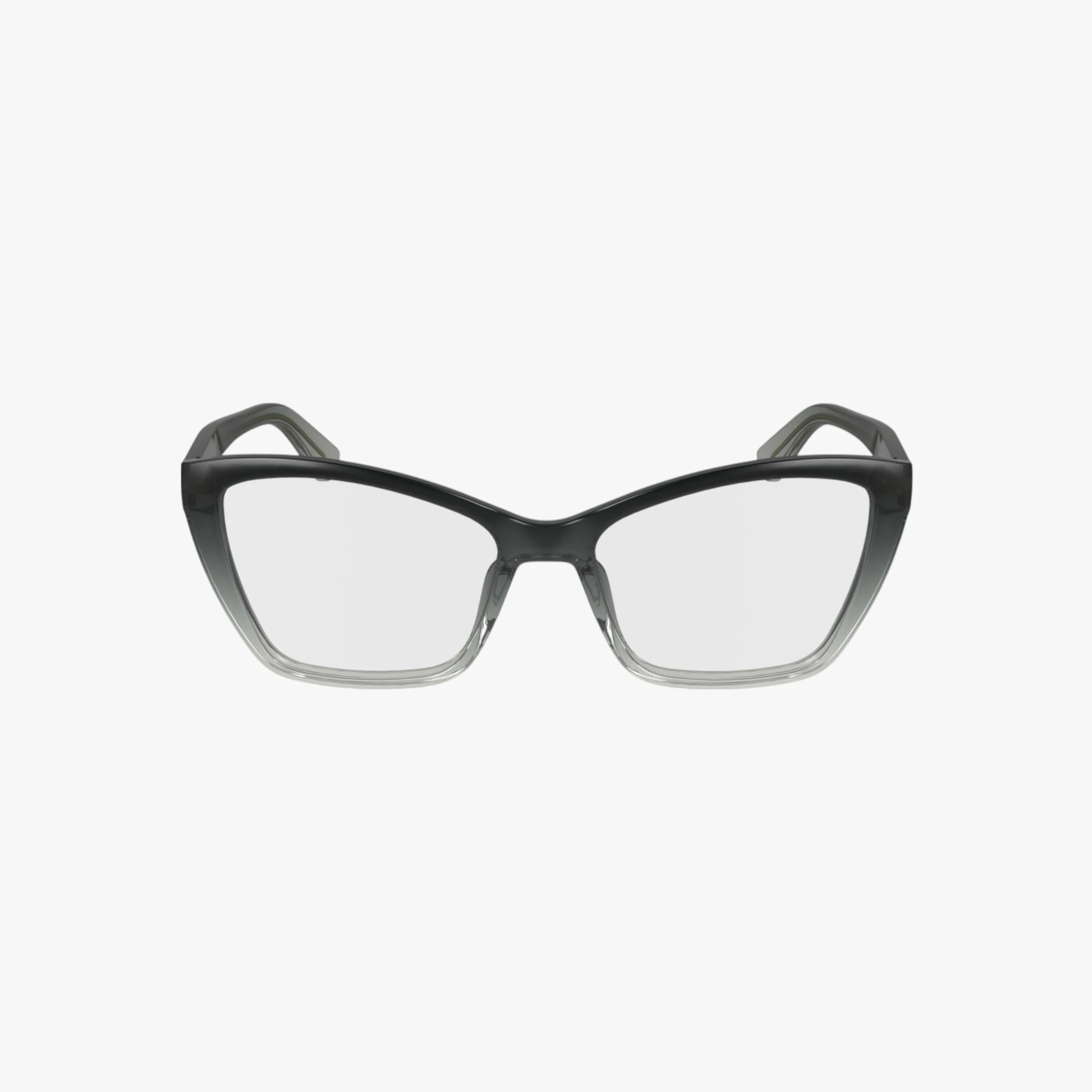 The CK24523 eyeglasses feature a black and transparent gradient frame with clear lenses, shown from the front on a plain white background. The sturdy, modern frame has a slight cat-eye shape for a sleek look.