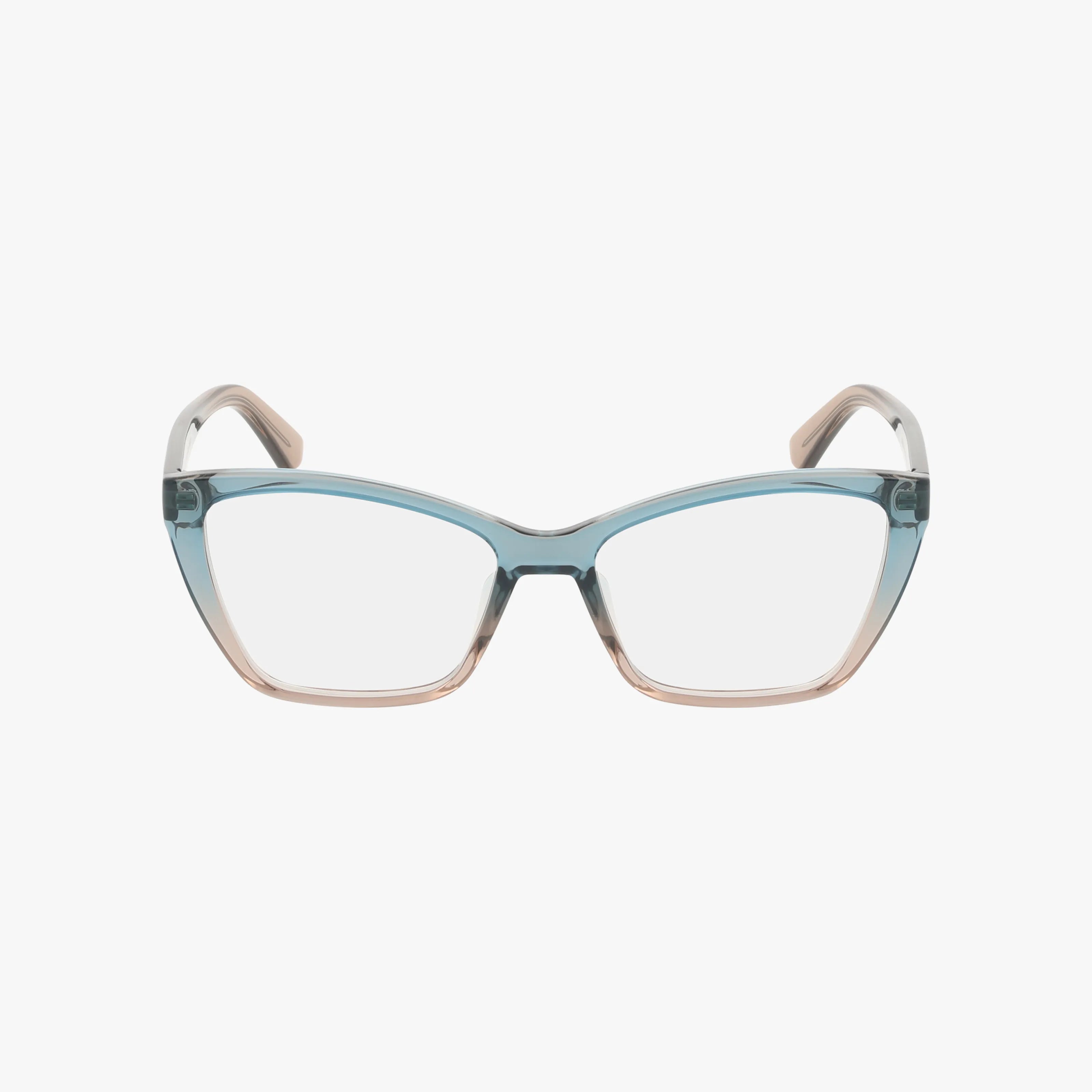 Front view of CK24523 eyeglasses with progressive lenses, featuring blue frames on the top half and light beige on the bottom, offering a sleek look against a plain white background.