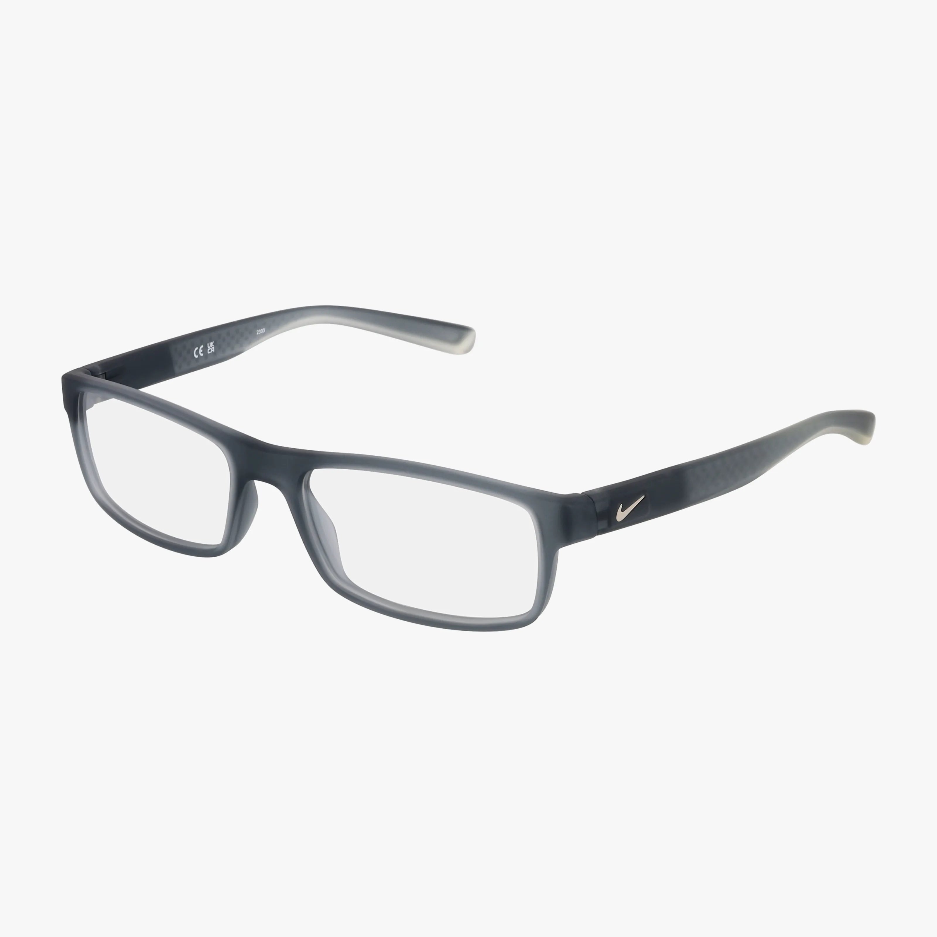 NIKE 7090 features rectangular black eyeglass frames with clear lenses and a small NIKE 7090 logo on the temple. The arms are slightly curved with a subtle textured pattern, all set against a plain white background.