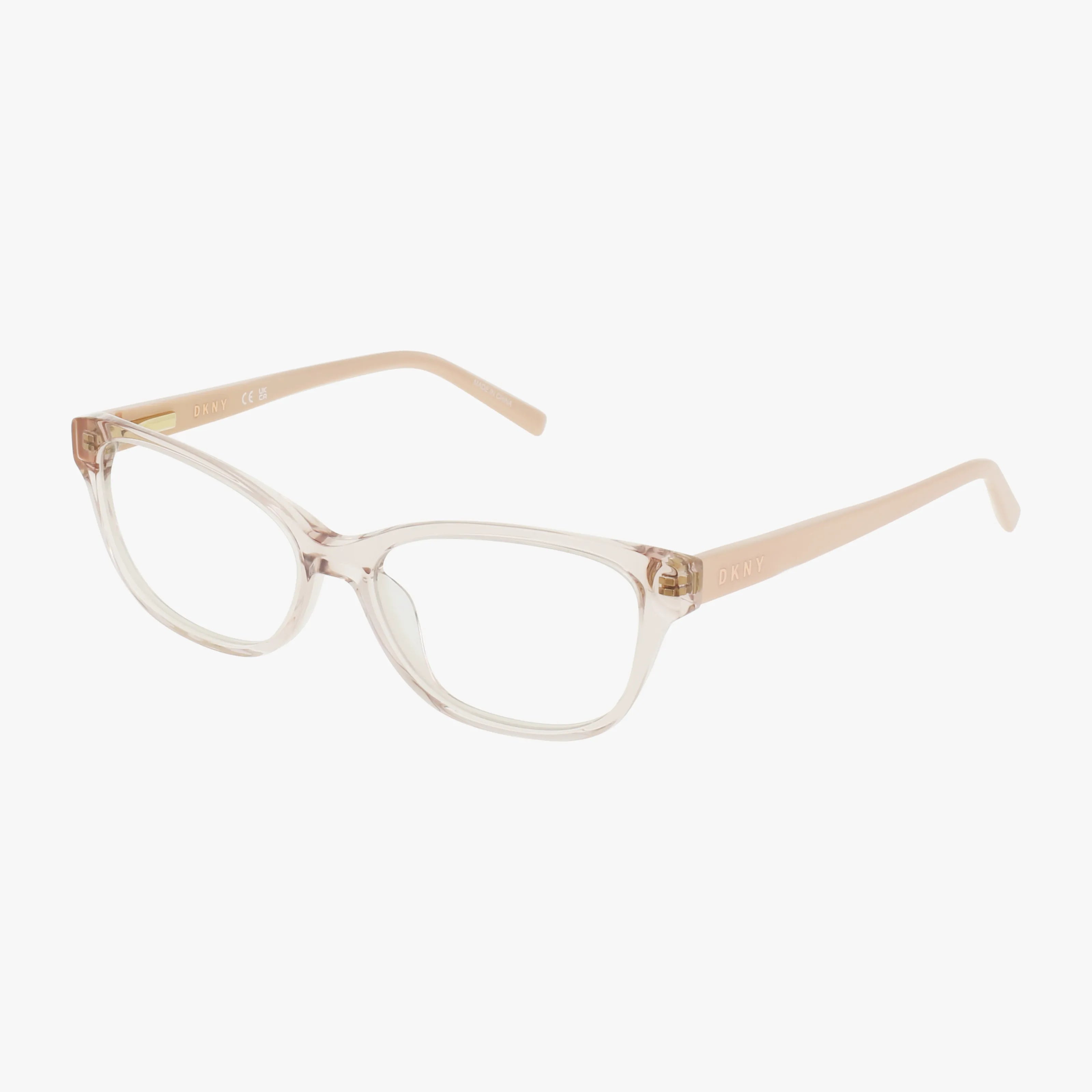The DKNY DK5011 glasses feature clear, slightly pink-tinted rectangular designer frames with light beige arms, shown on a white background.