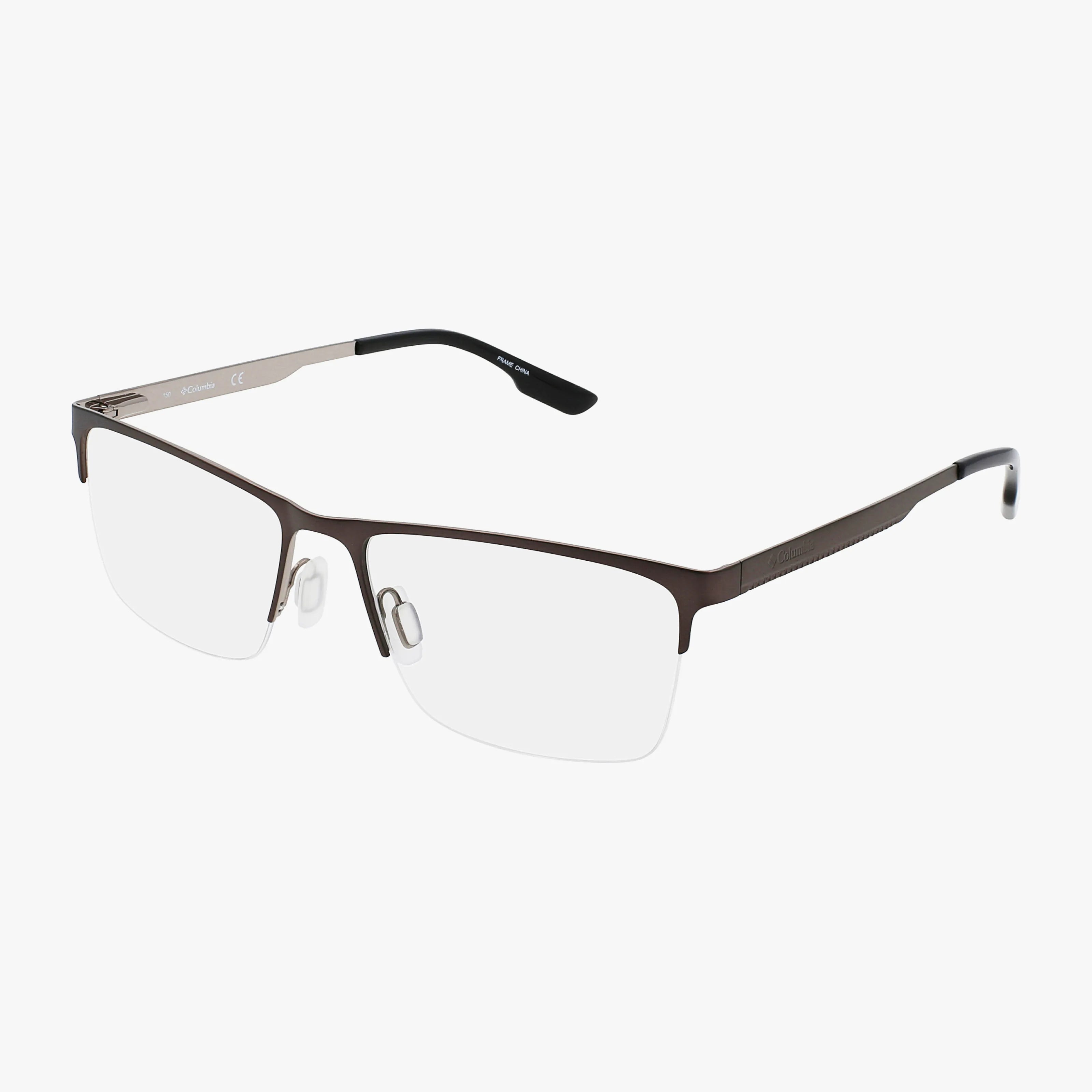 The C3024 semi-rimless eyeglasses feature thin dark brown metal frames, clear lenses, adjustable nose pads, and sleek straight arms for a modern look against a white background.