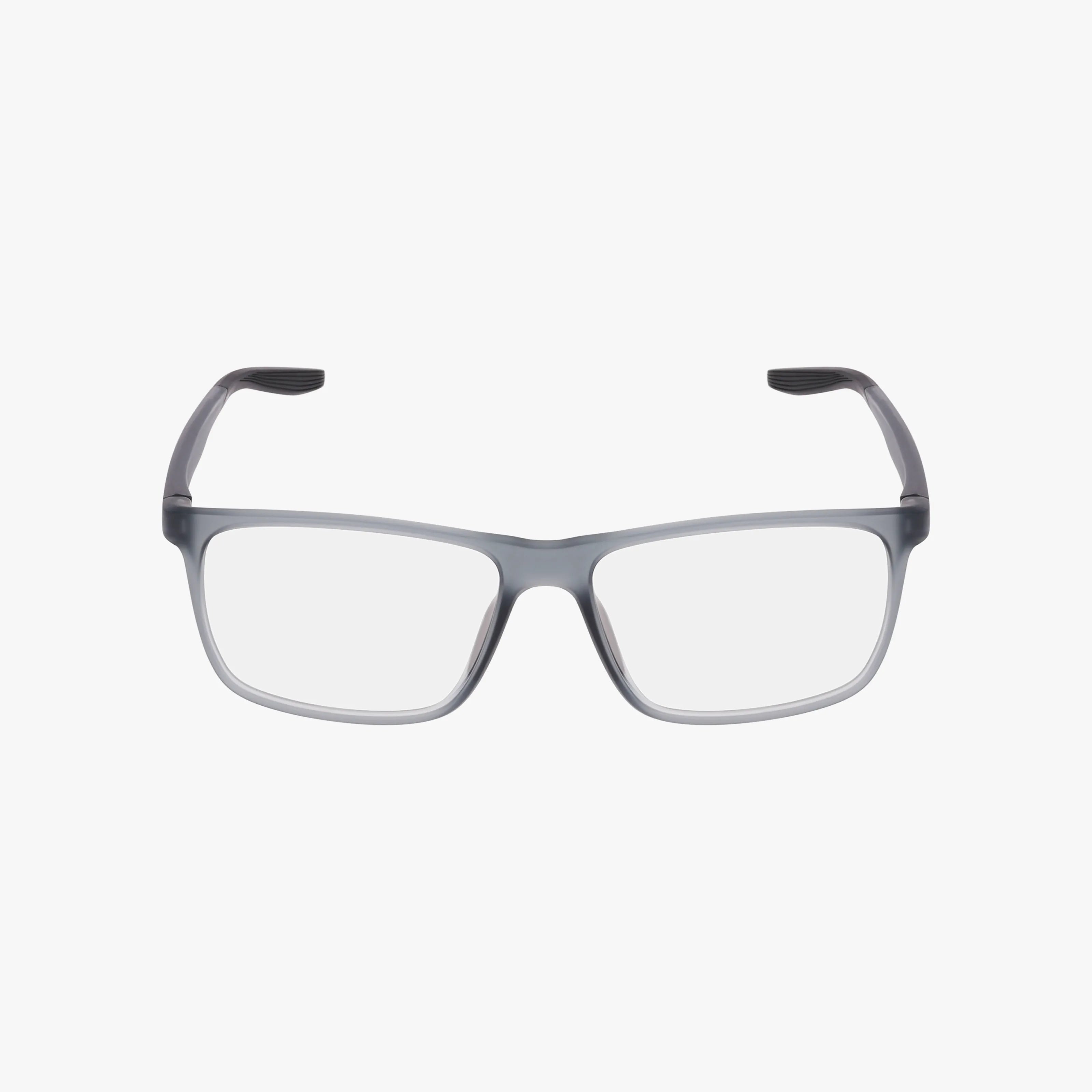 The NIKE 7116 features rectangular clear lenses and semi-transparent gray plastic frames, offering adaptable style. Shown from the front against a plain white background.