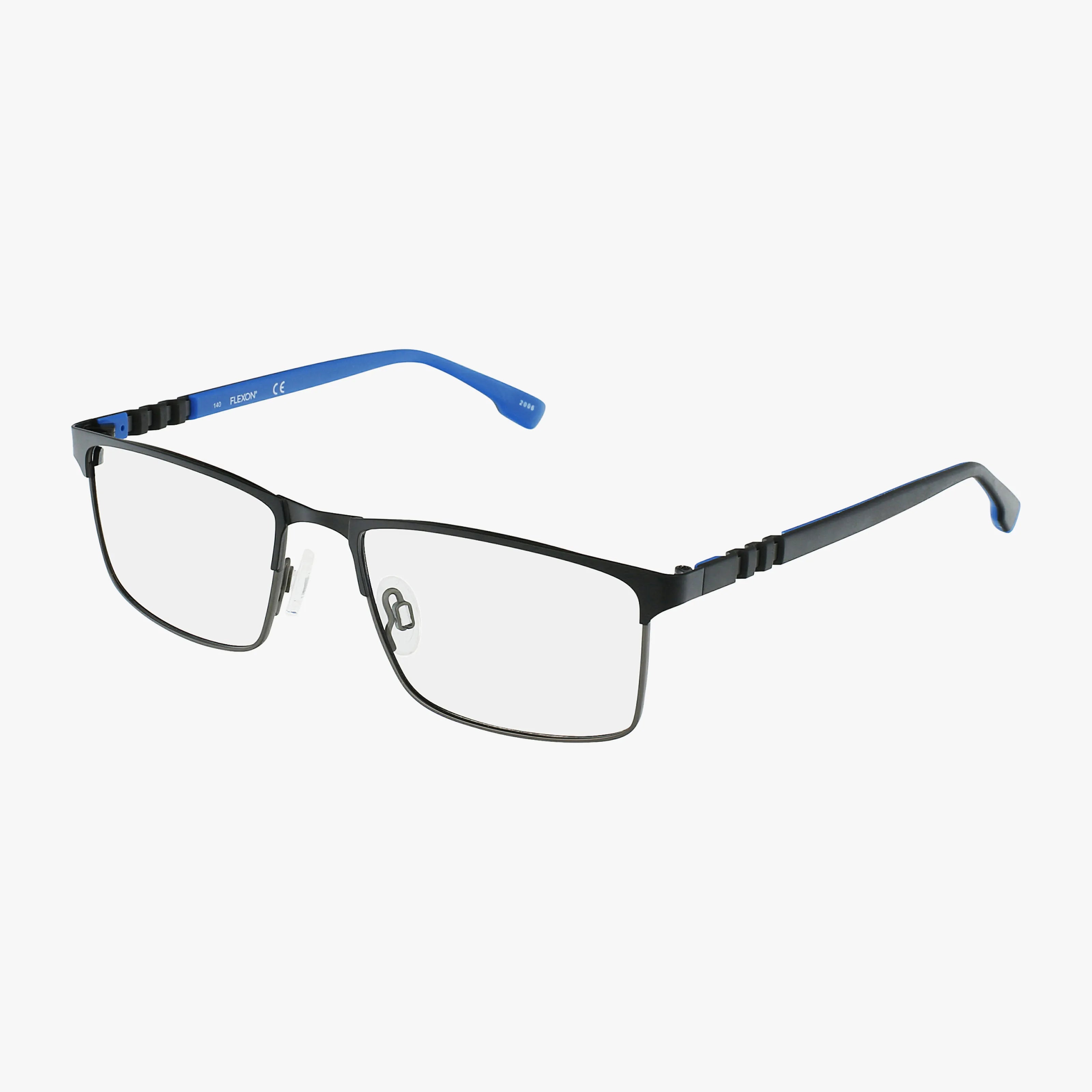 The E1137 features a lightweight rectangular design with thin black metal frames, adjustable nose pads, blue inner temples, and black temples with blue tips and ribbed accents—versatile eyewear you can buy online easily.