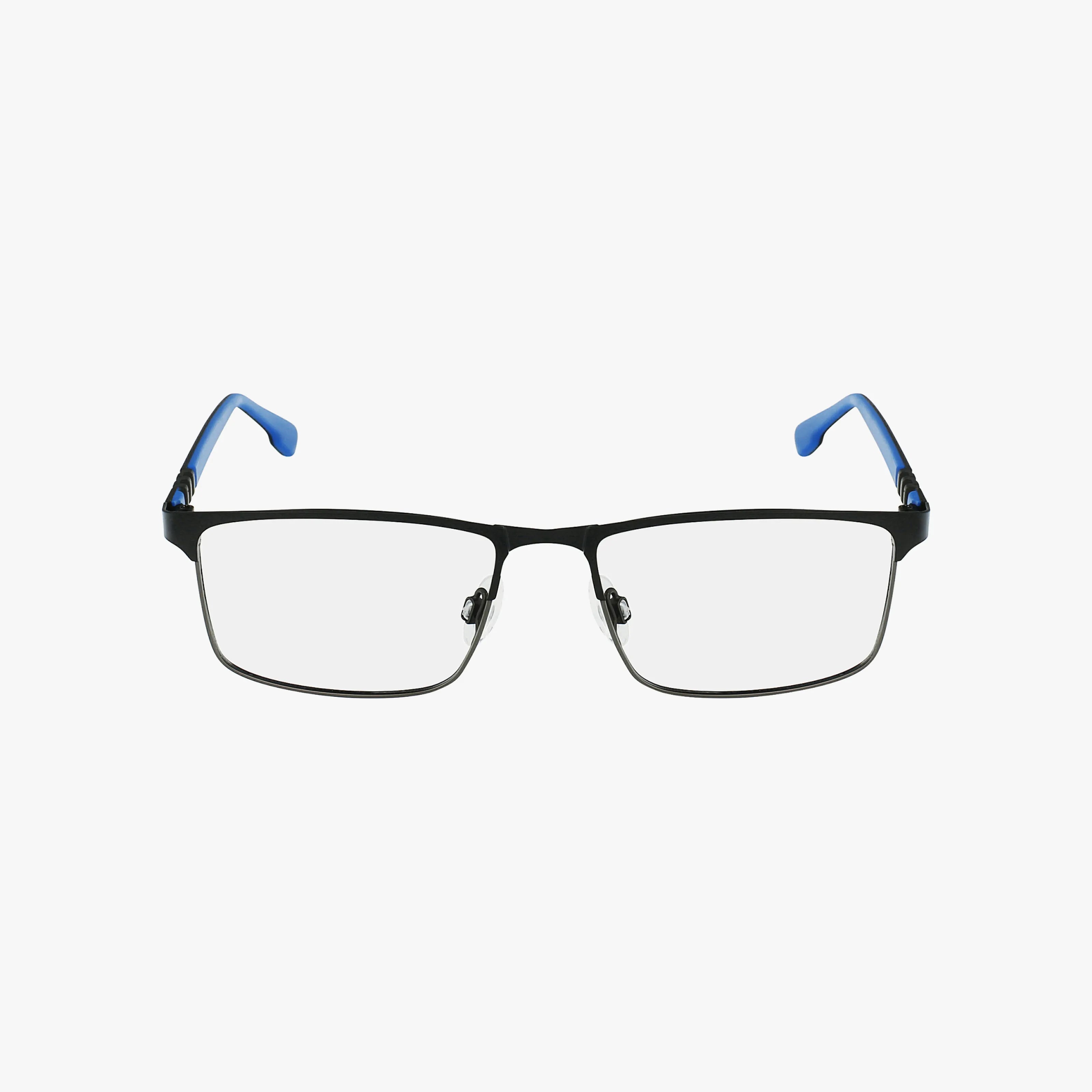 The E1137 is a versatile pair of rectangular eyeglasses with a lightweight black metal frame and blue temple tips, displayed on a white background—an ideal choice available at online glasses stores.