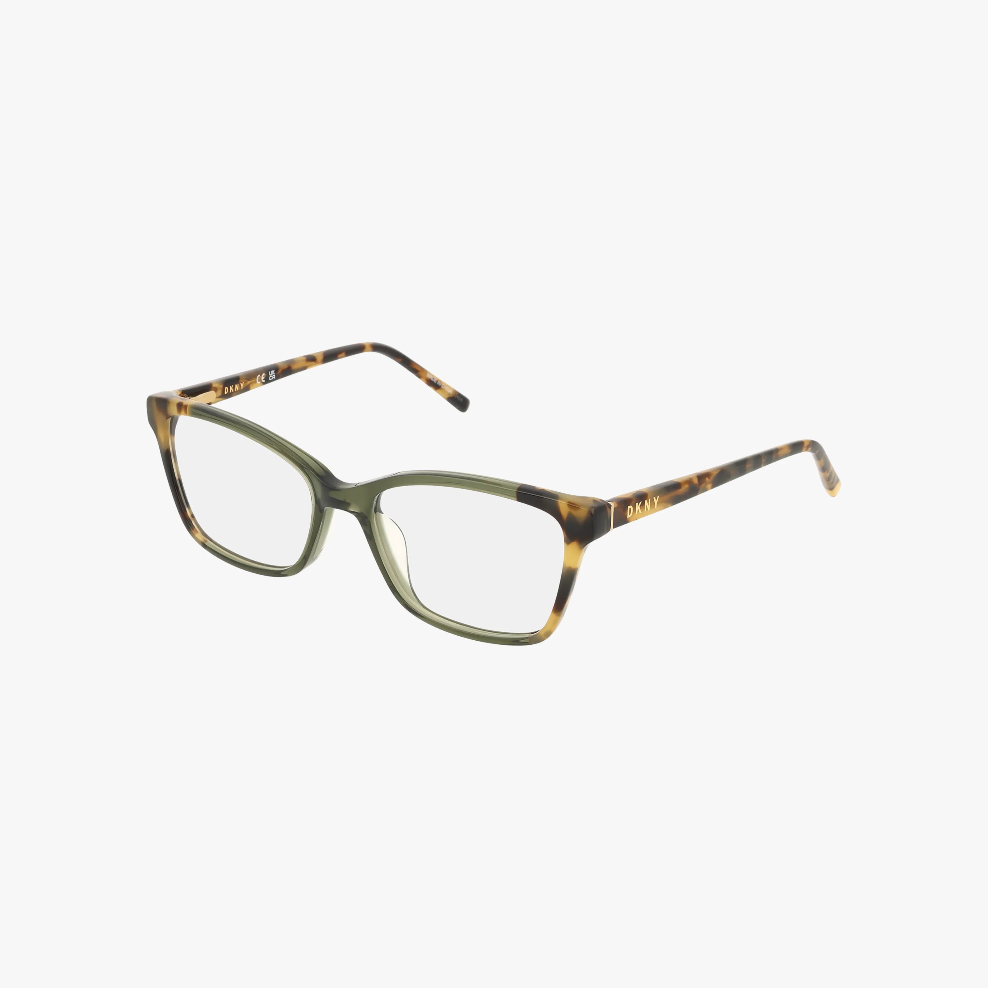 The DKNY DK5034 features square frames with rectangular lenses, a green front, and tortoise temples, displayed on a white background.