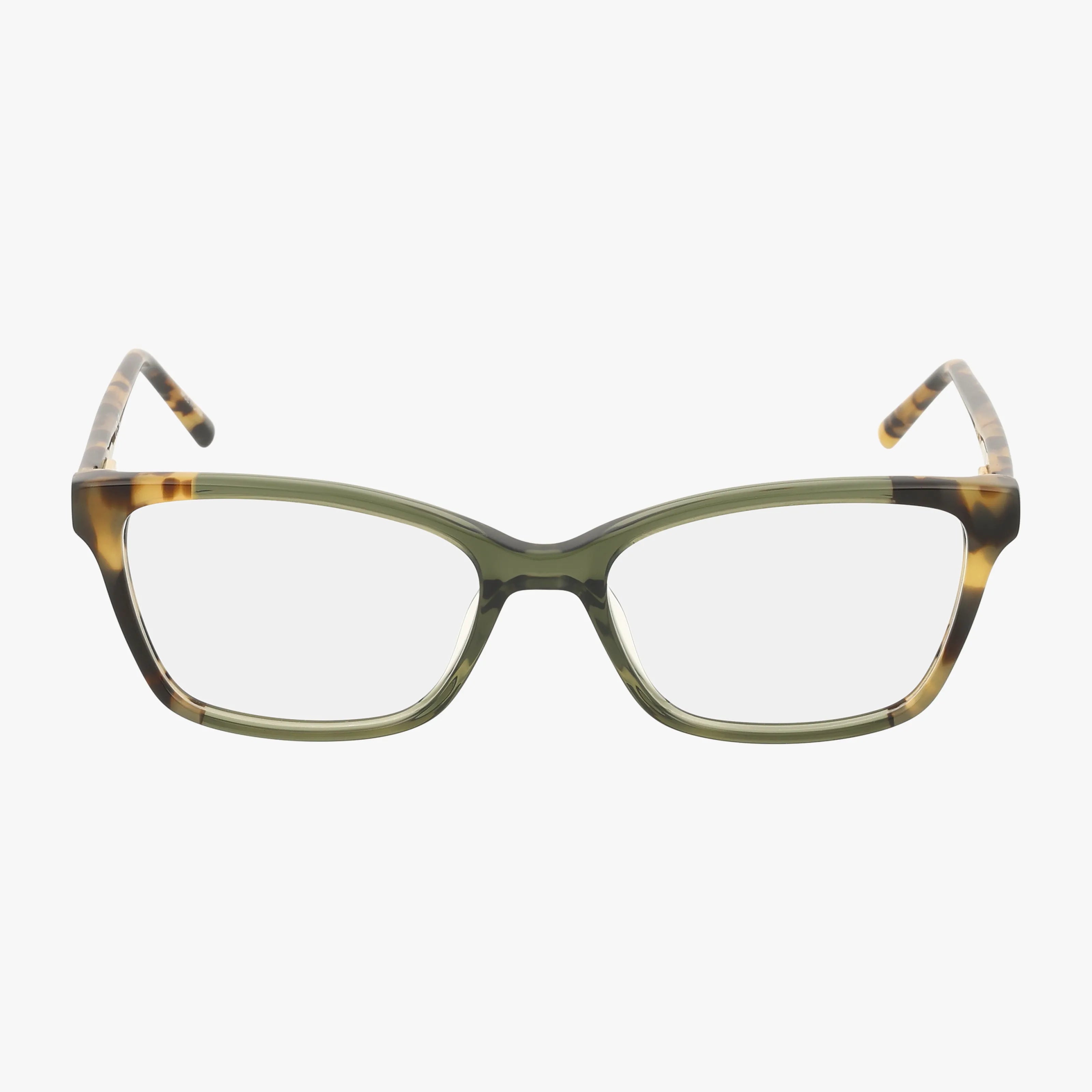 The DKNY DK5034 frames feature rectangular lenses and a green and brown tortoiseshell design, shown facing forward on a white background.