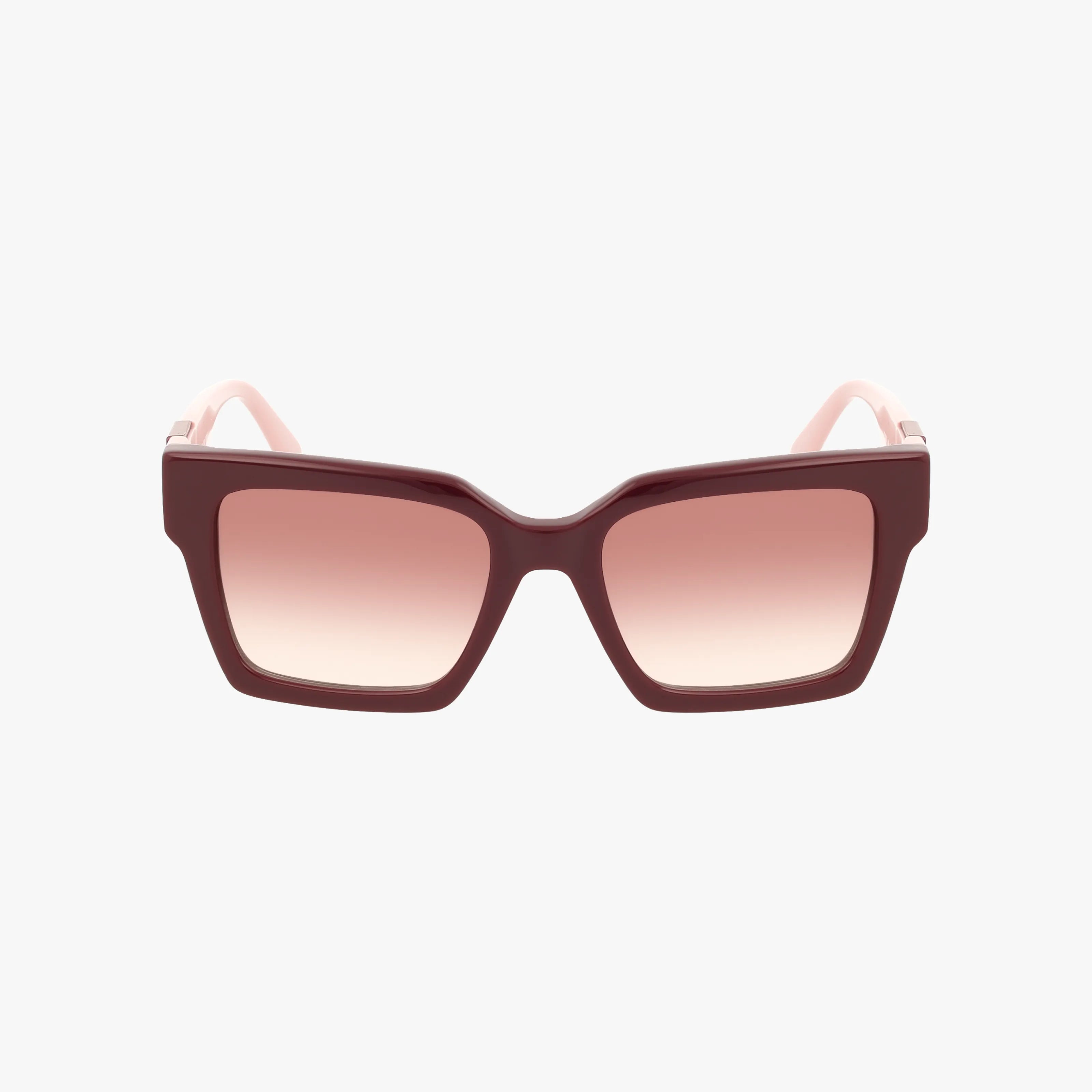 KL6057S premium square sunglasses feature thick dark burgundy frames, pink gradient UV protection lenses, and matching pink arms, displayed on a plain white background.