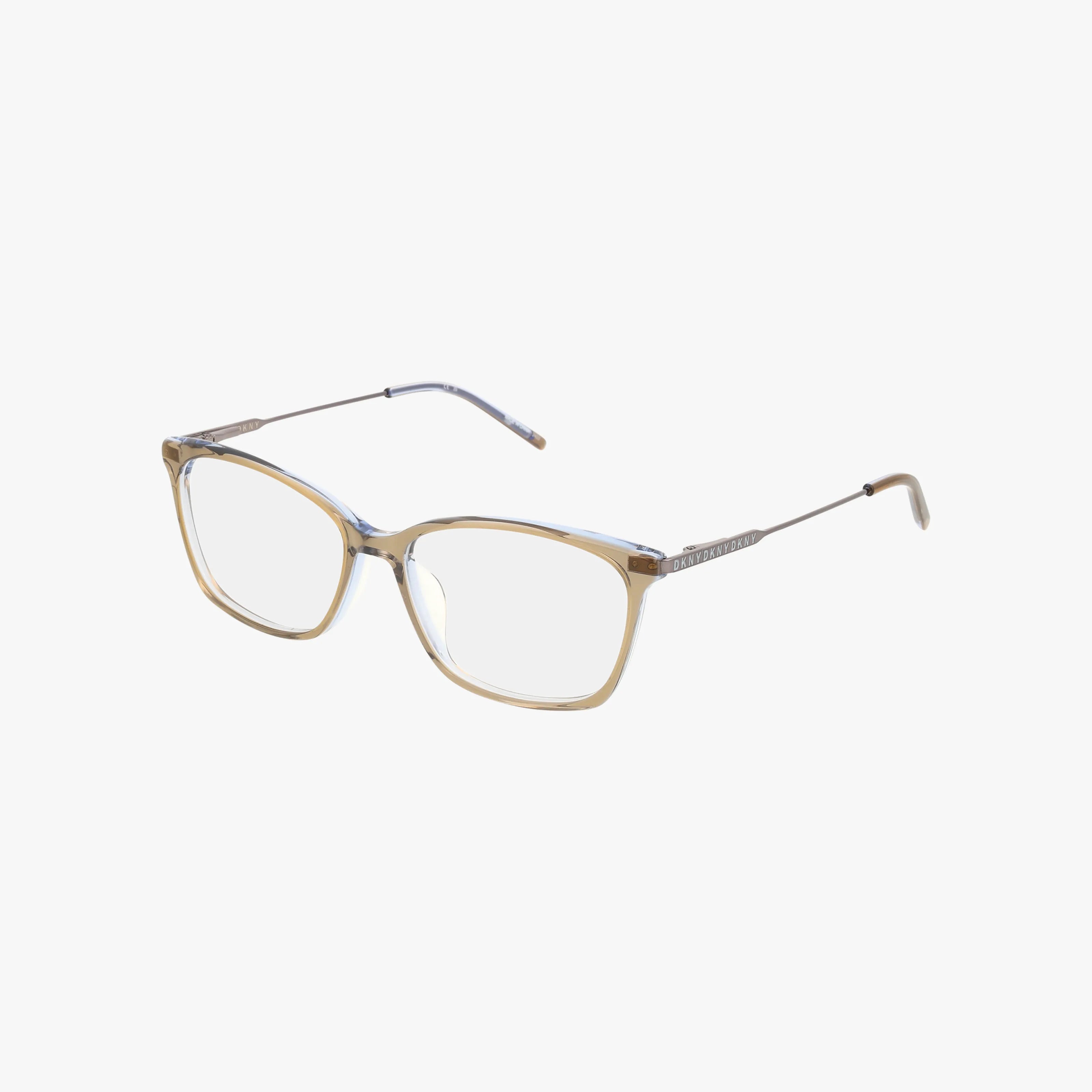 The DK7006 rectangular eyeglasses feature a translucent light brown plastic frame and slim metal arms, showcased on a white background.