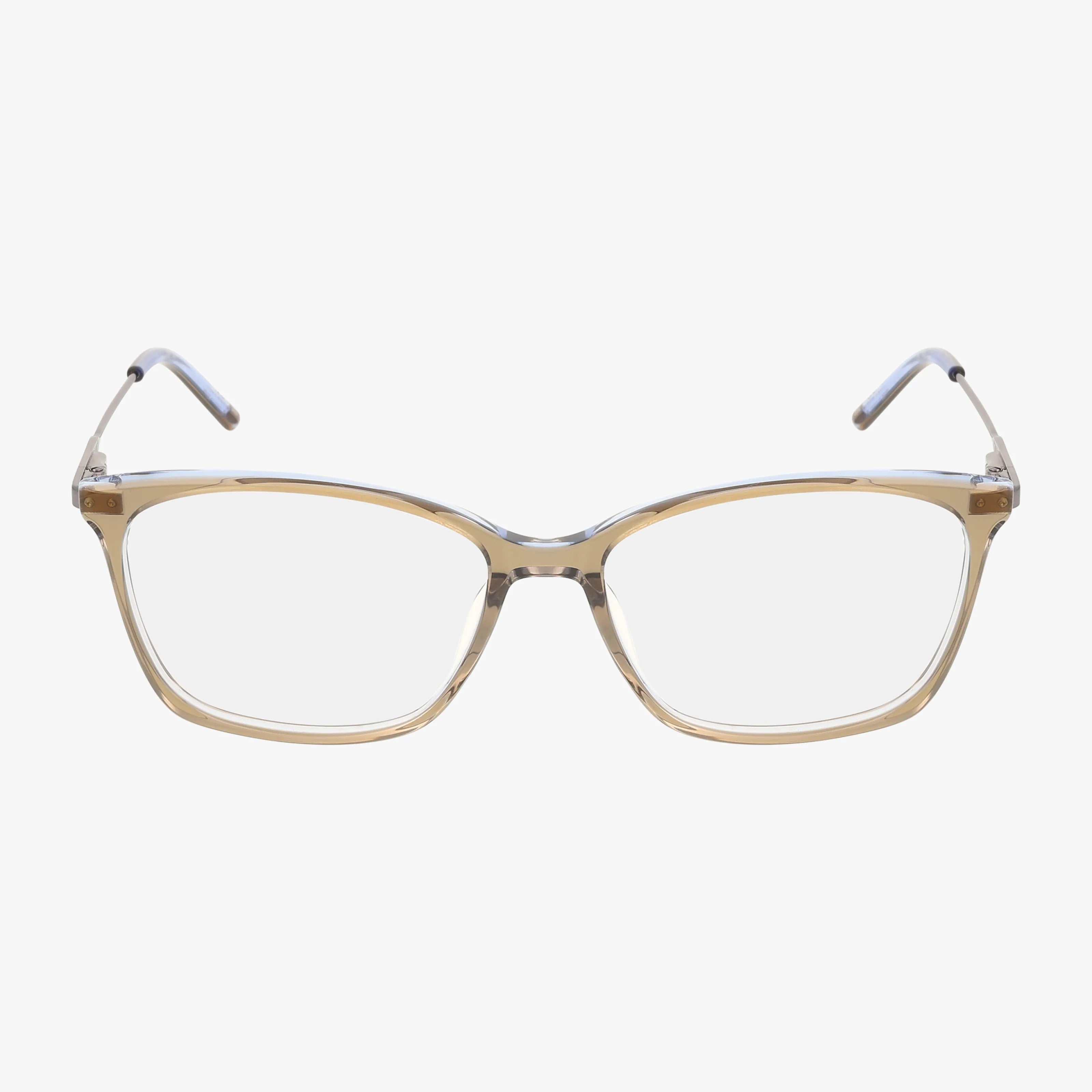 The DK7006 is a pair of rectangular eyeglasses with clear lenses and light beige translucent frames, featuring a contemporary style, displayed on a plain white background.