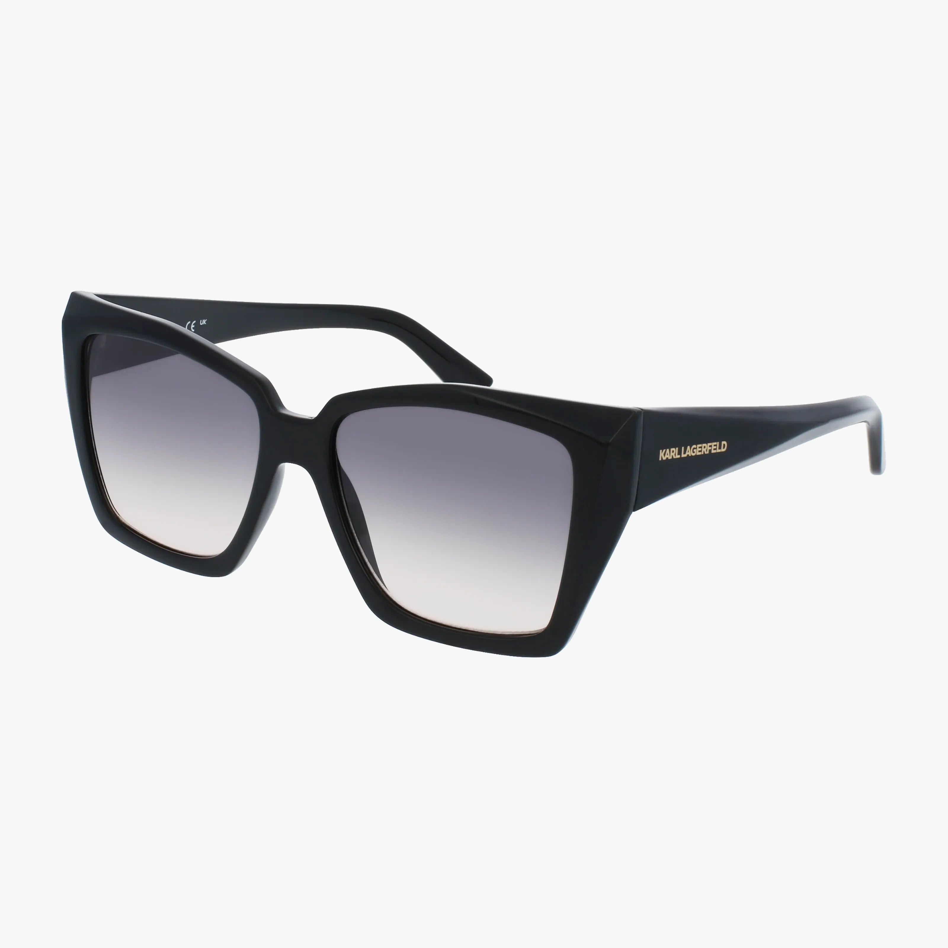 KL6072S black square sunglasses feature thick frames, gradient dark lenses, and KARL LAGERFELD gold lettering on the temples. Explore this durable style and more online, with products shown on a white background.