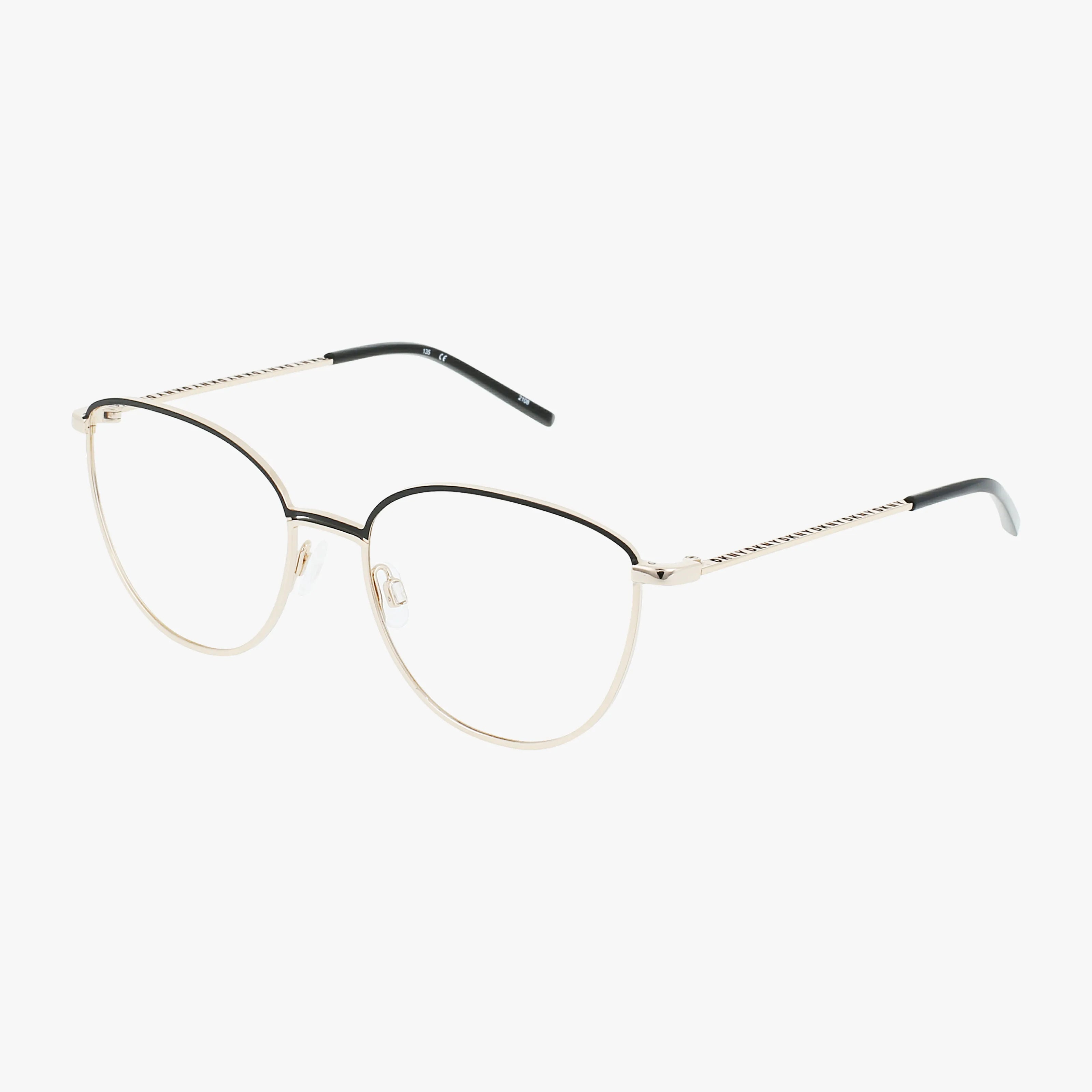 The DK1027 cat-eye eyeglasses feature thin gold metal frames, black upper rims, and slender gold arms with black tips for a blend of strength and timeless style, shown on a white background.