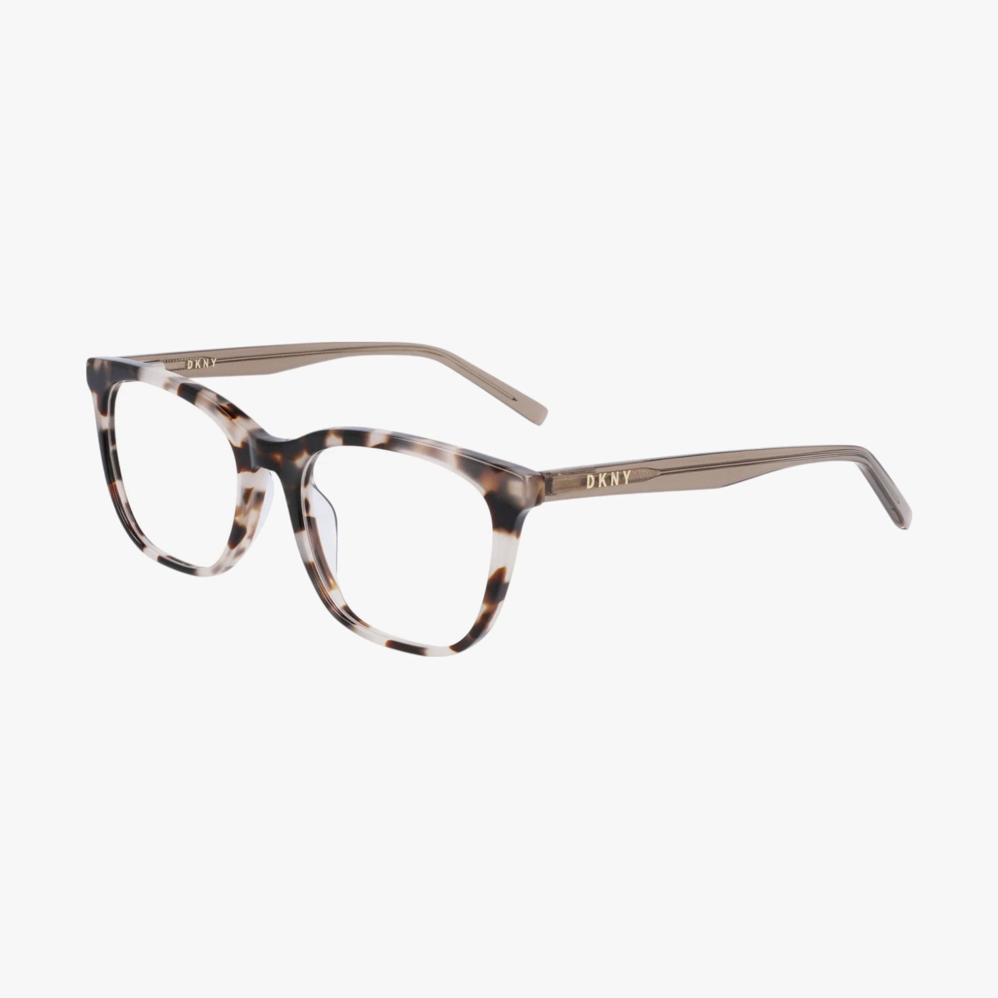 The DK5040 eyeglasses feature a rectangular brown and cream tortoiseshell frame, clear lenses, and elegant brown temples with gold DKNY branding near the hinges, set against a plain white background.
