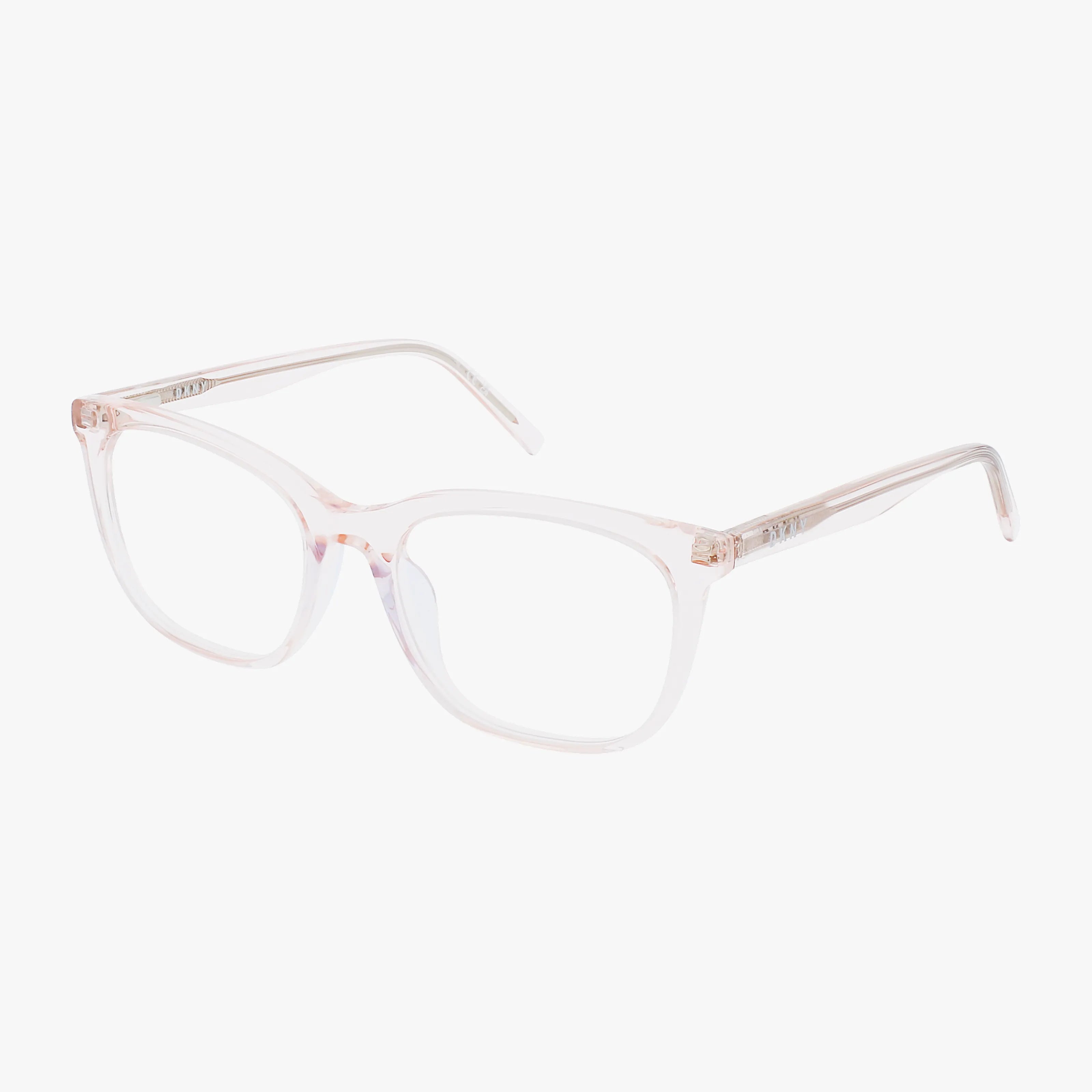 The DK5040 eyeglasses feature a clear, transparent frame with an elegant rectangular shape and softly rounded edges, shown on a white background.