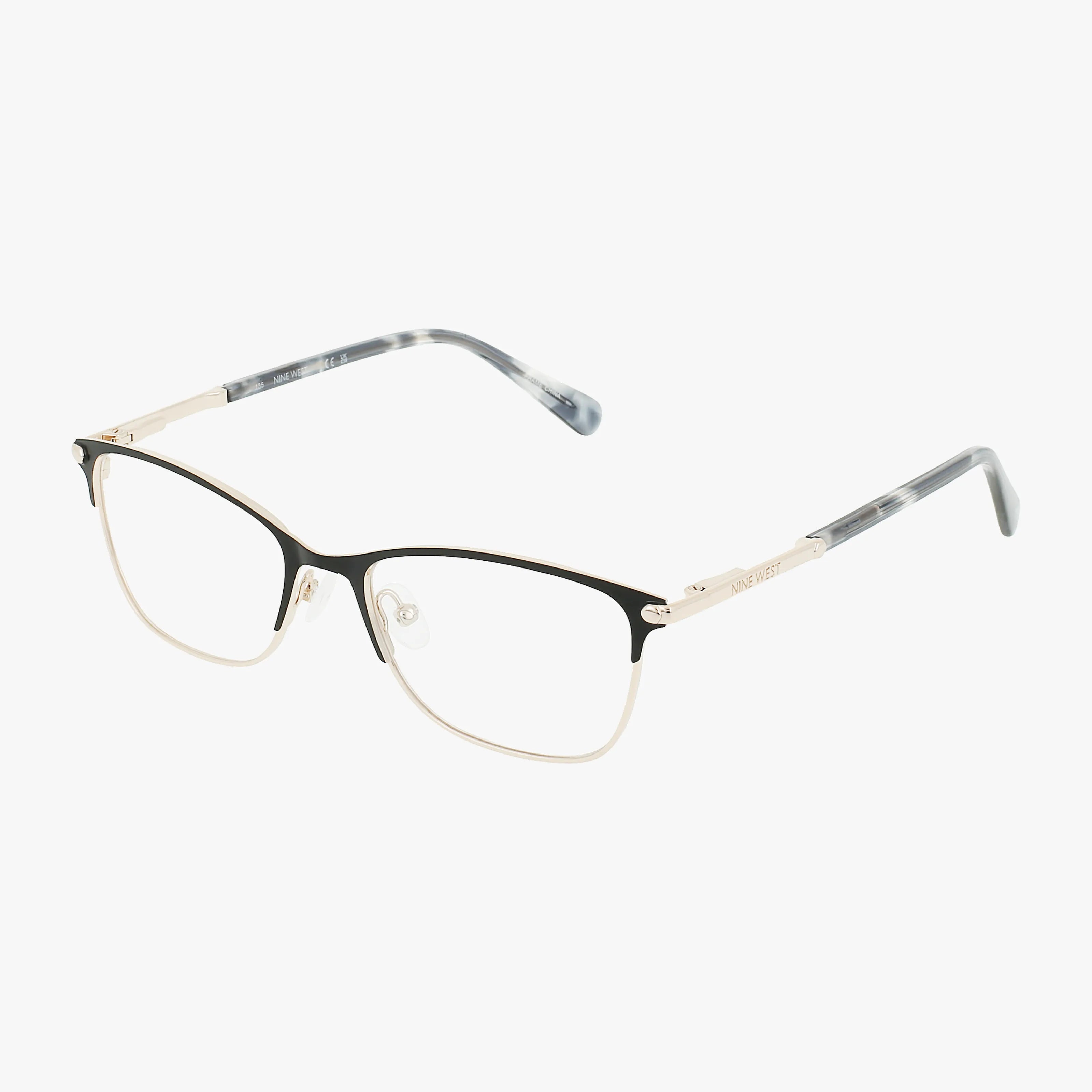 The NW8013 by Nine West features black and gold rectangular frames, clear nose pads, and gray marbled arms, displayed on a white background for a look that exudes smart sophistication.