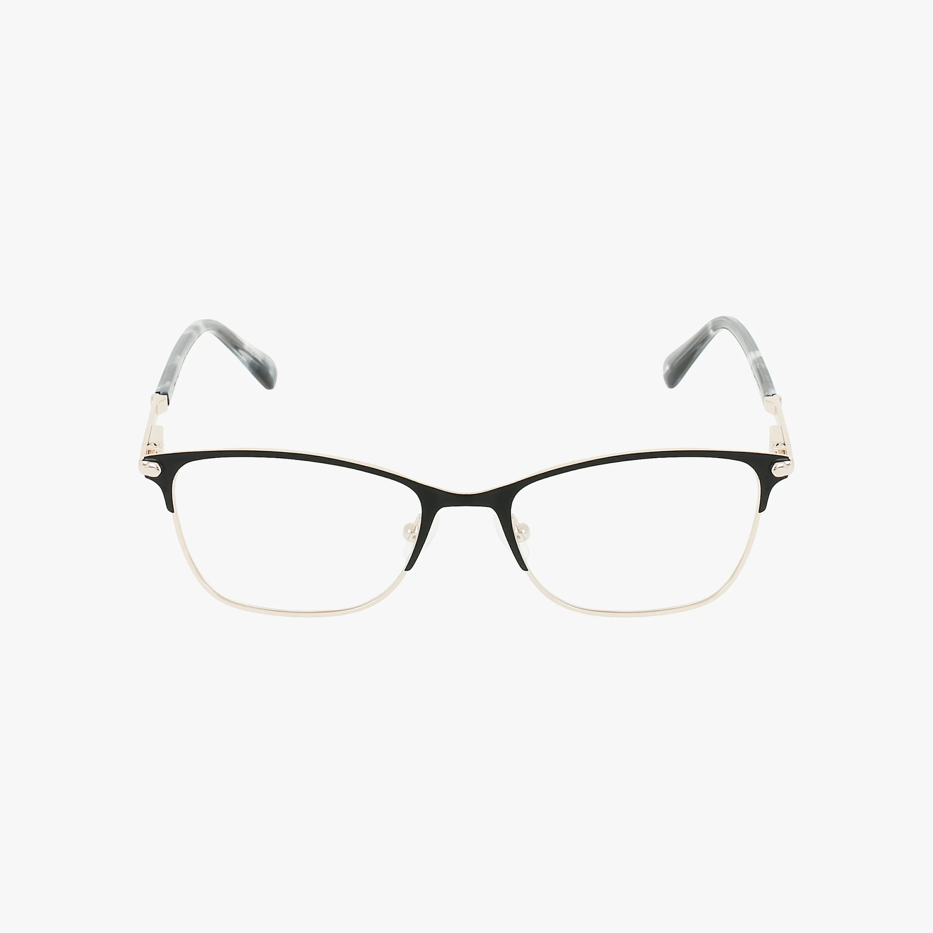 The Nine West NW8013 rectangular eyeglasses feature black upper rims, silver lower rims, and transparent nose pads—an elegant accessory displayed on a white background for a sharp, sophisticated look.