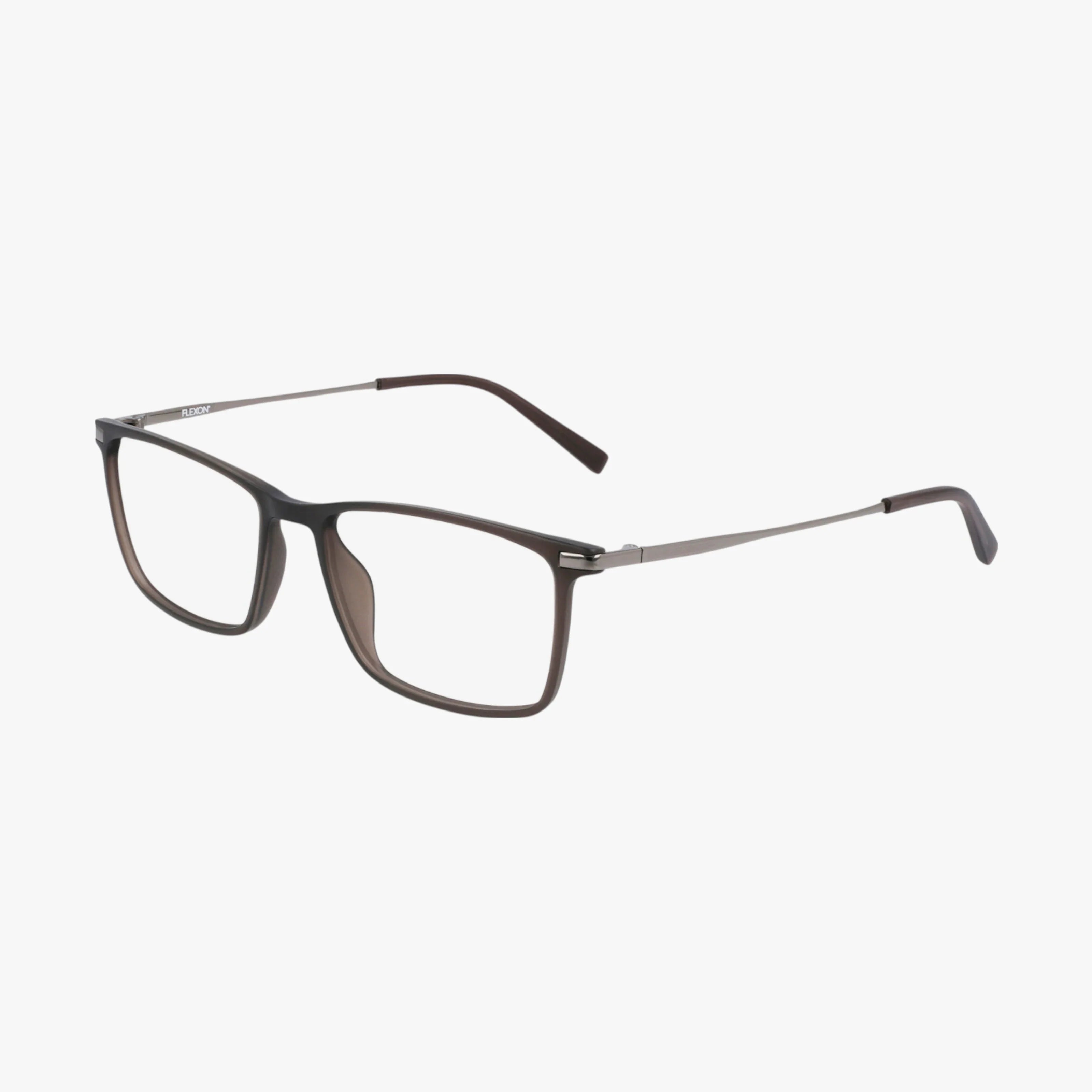 The EP8015 rectangular eyeglasses feature dark brown plastic frames with thin metal temples, creating a lightweight design ideal for everyday wear, shown on a white background.