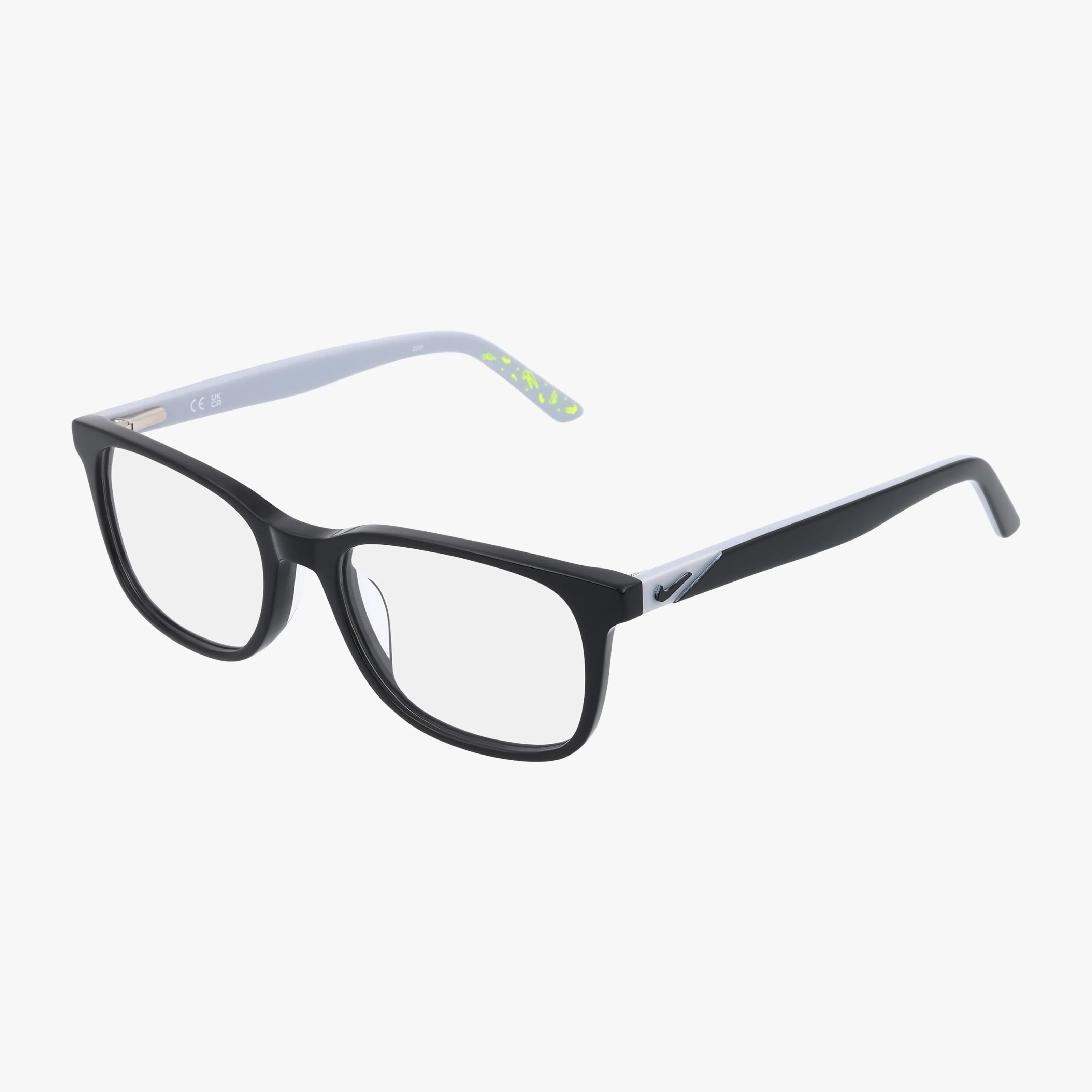 The NIKE 5546 eyeglasses feature a black rectangular frame, clear lenses, and light gray inner arms. Displayed on a white background, they’re a stylish choice ideal for Transitions lenses.