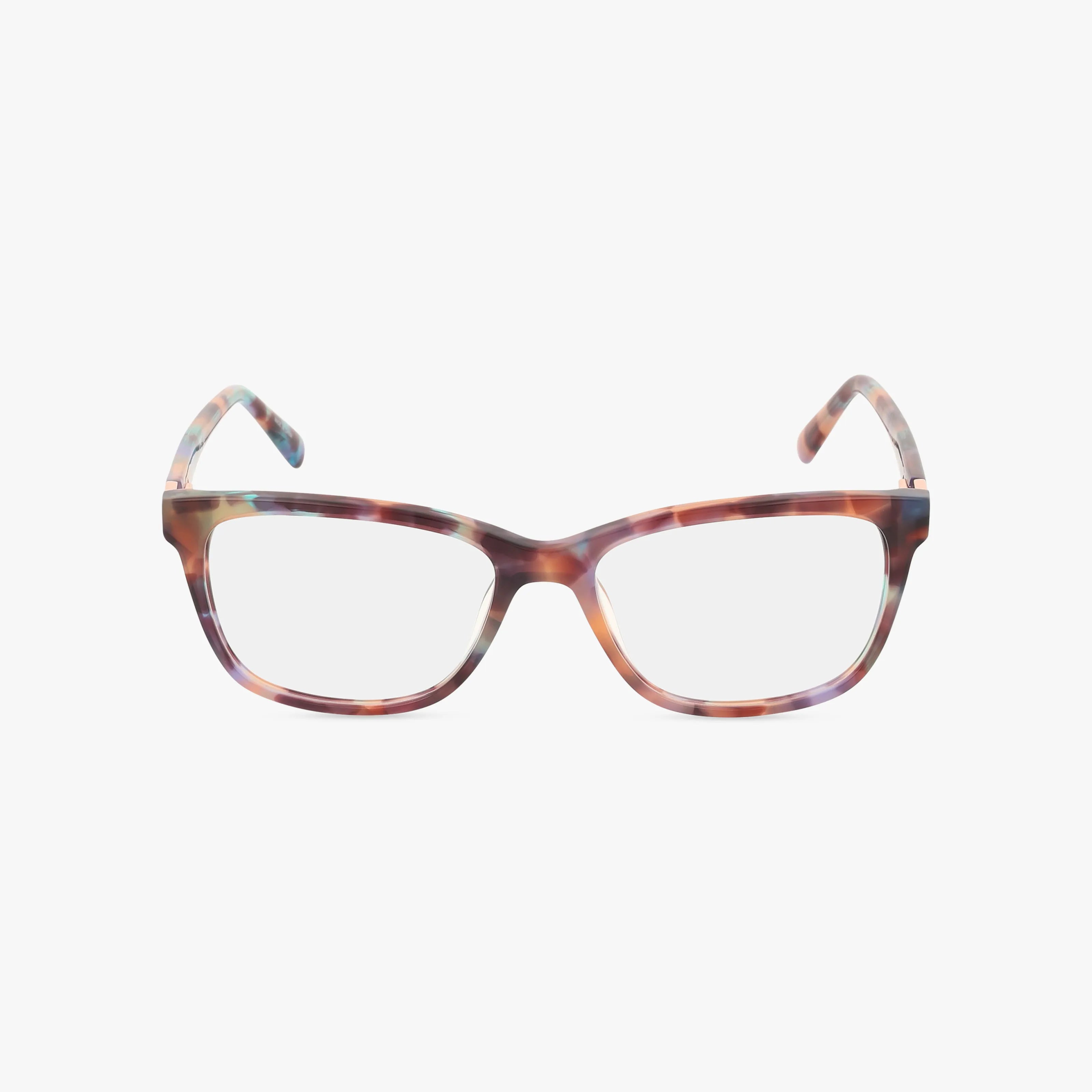 Front view of NW5214 eyeglasses by Nine West featuring rectangular tortoise frames in a mottled brown and purple pattern, displayed on a plain white background.