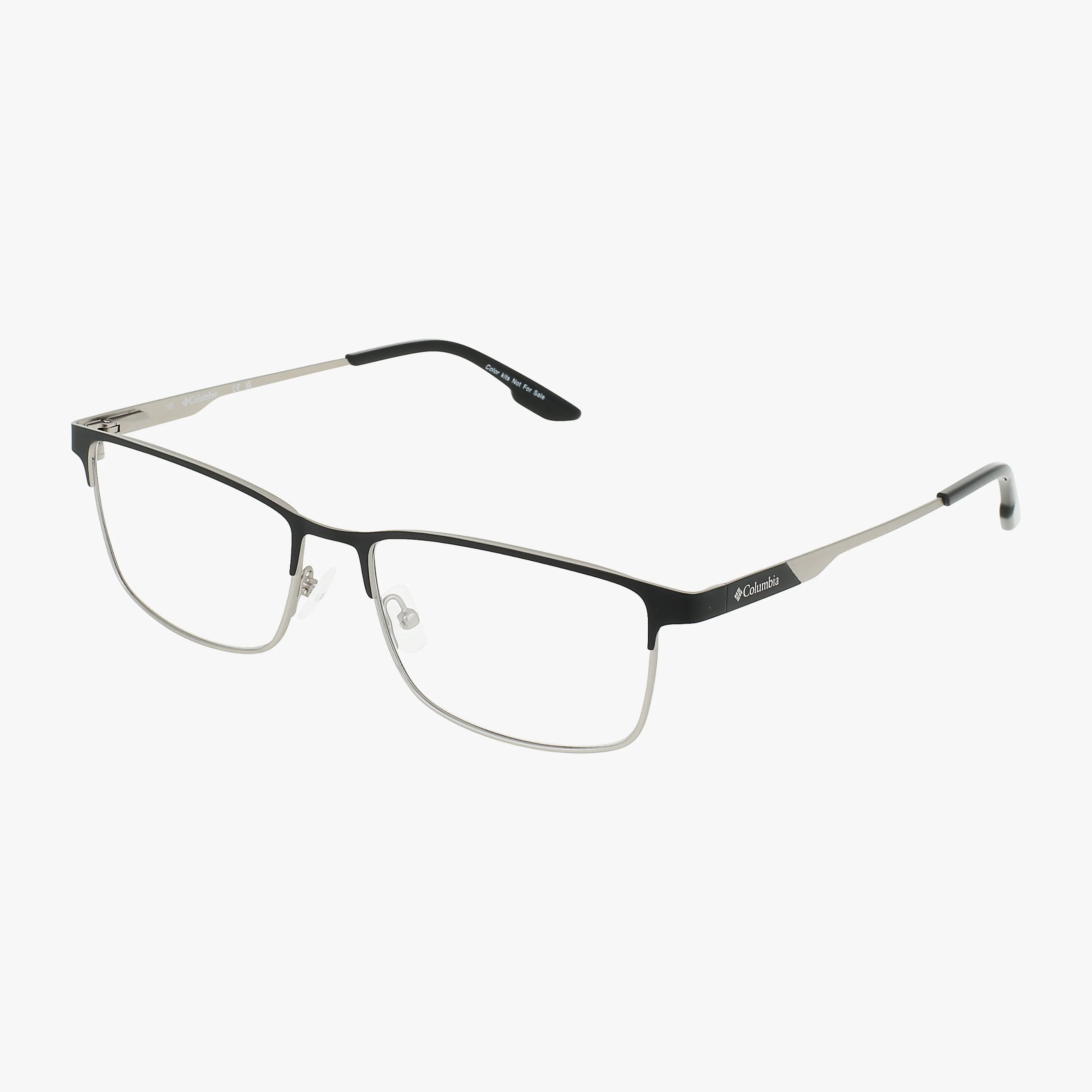 The C3041 is a rectangular metal frame with a black upper rim and silver lower rims, adjustable nose pads, and slim arms featuring black temple tips—a versatile choice perfect for prescription lenses.