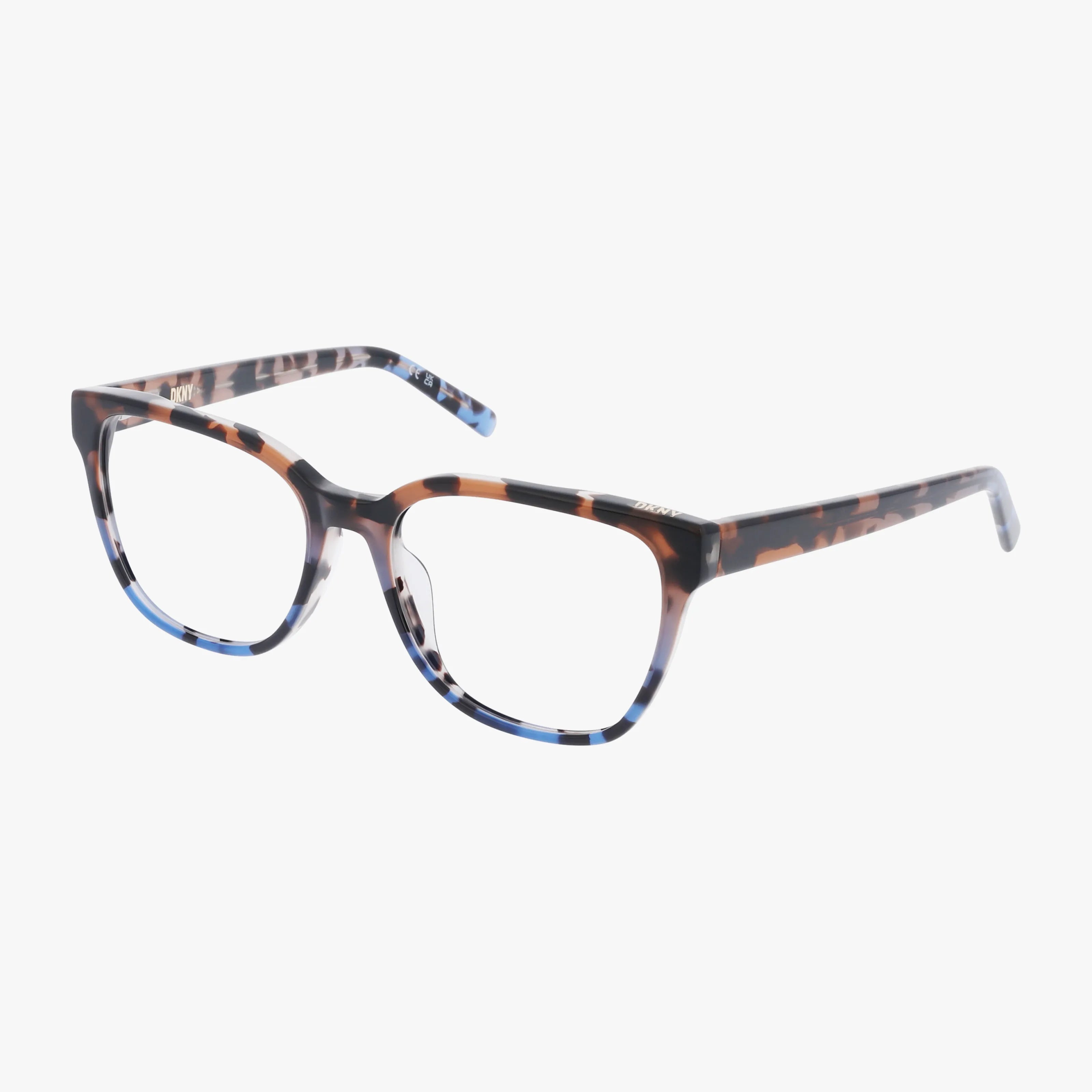 The DK5054 eyeglasses feature a rectangular shape and a unique tortoiseshell frame with brown and blue tones, displayed on a plain white background.