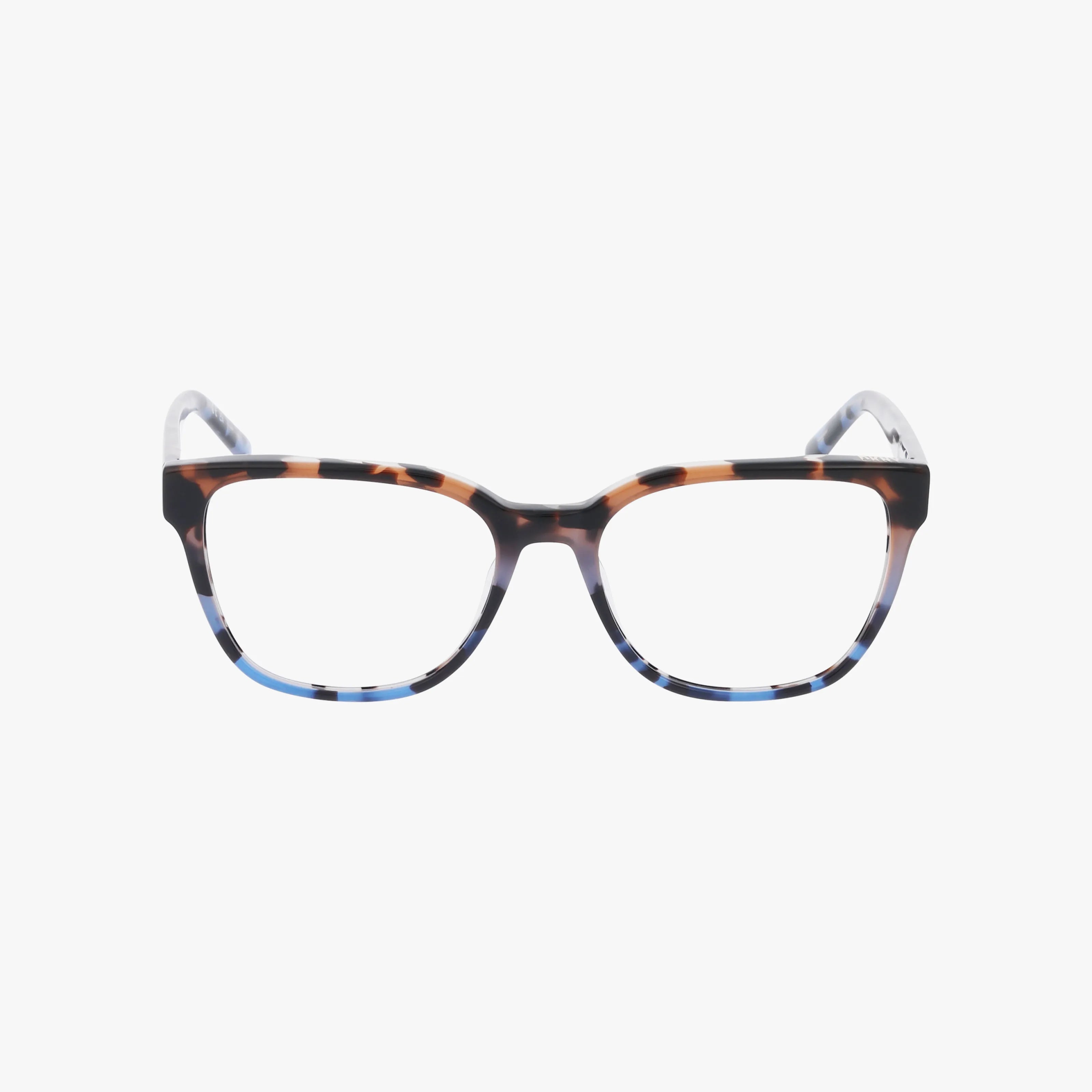 The DK5054 cat-eye eyeglasses feature a distinctive tortoiseshell pattern on the upper frame and temples, complemented by a subtle blue tint along the bottom—an undeniably bold choice shown on a white background.
