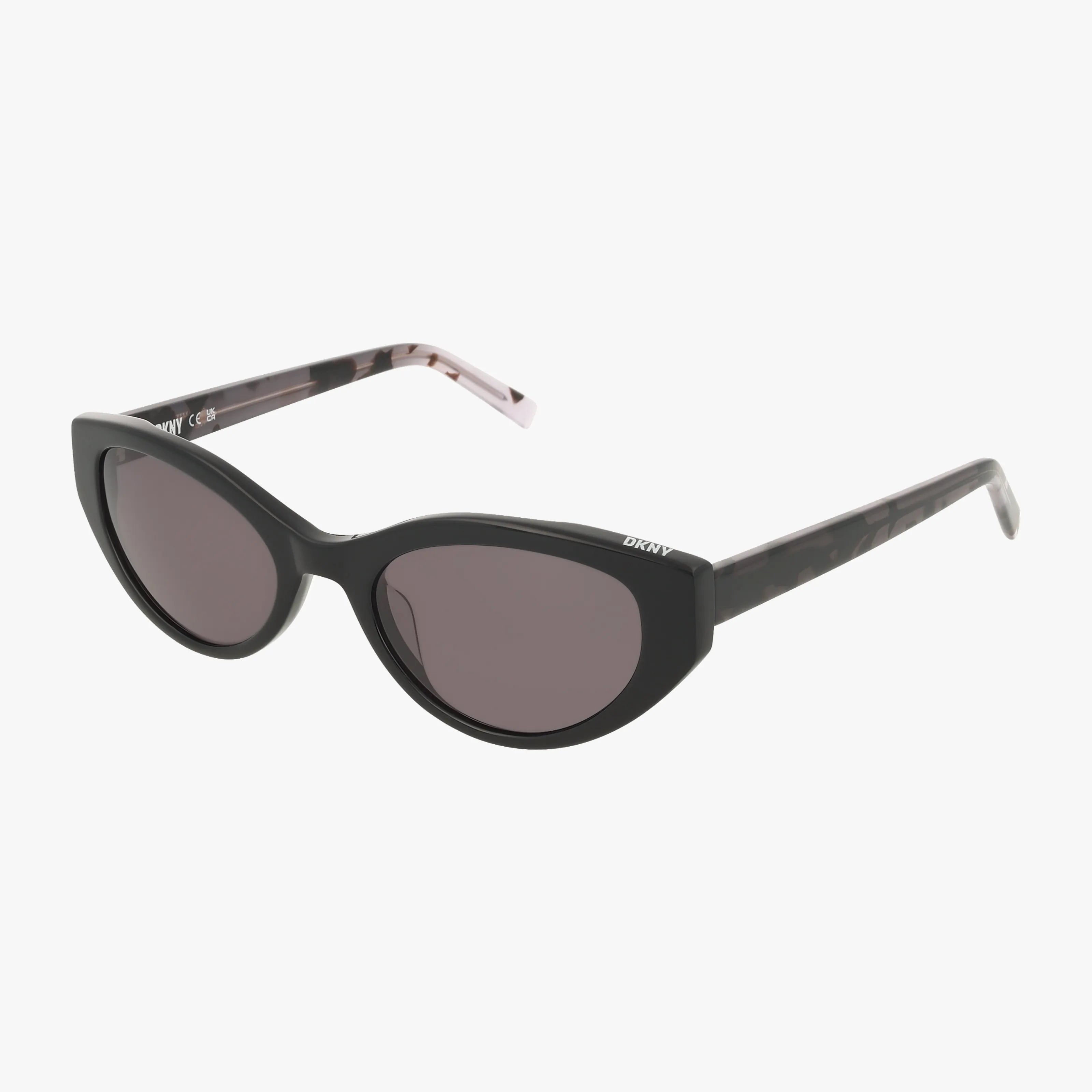 The DKNY DK548S sunglasses feature a black cat-eye frame, dark tinted lenses, and marbled acetate arms, all showcased against a white background.
