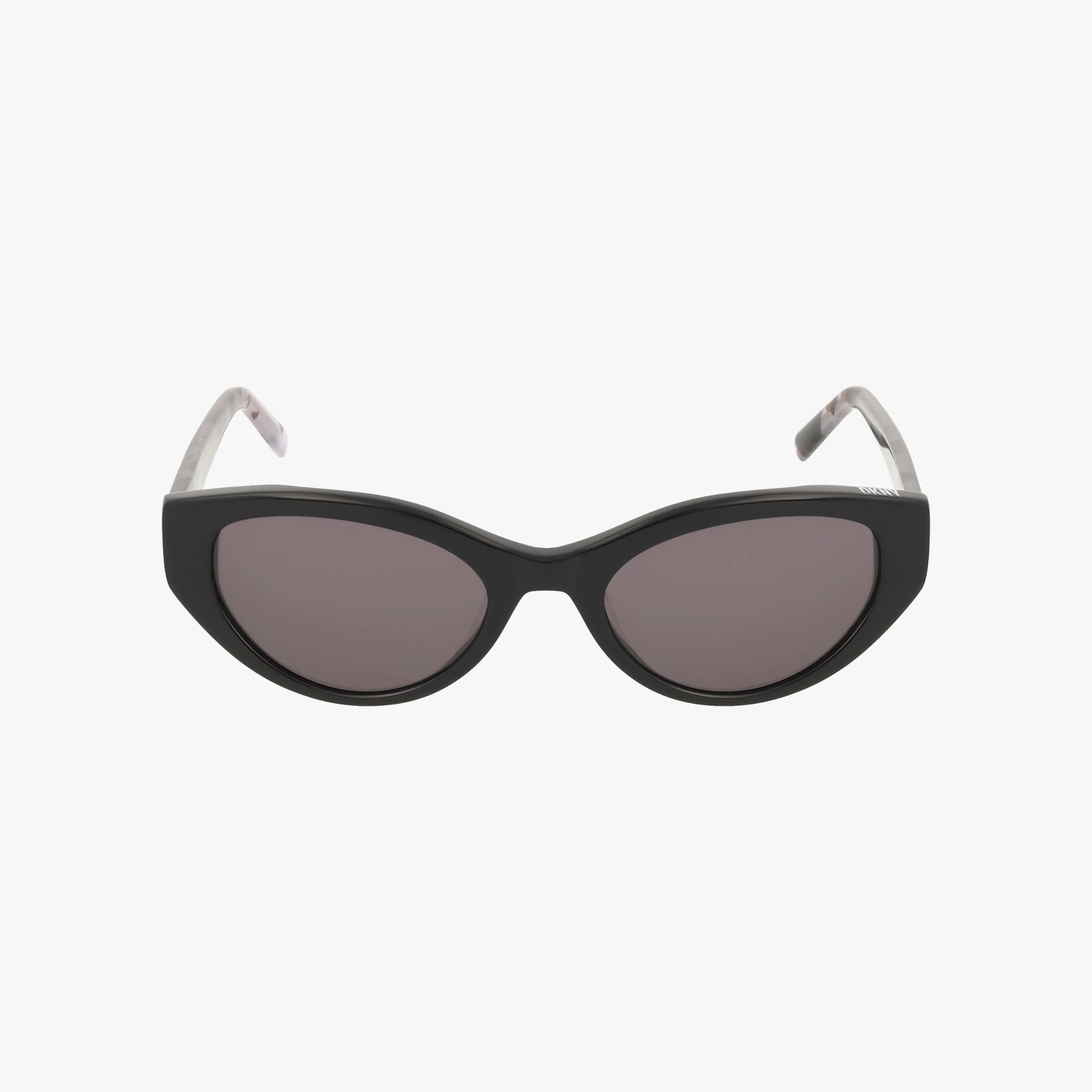 DK548S black cat-eye acetate sunglasses with dark tinted lenses, shown facing forward against a plain white background. Stylish DKNY eyewear for a chic look.