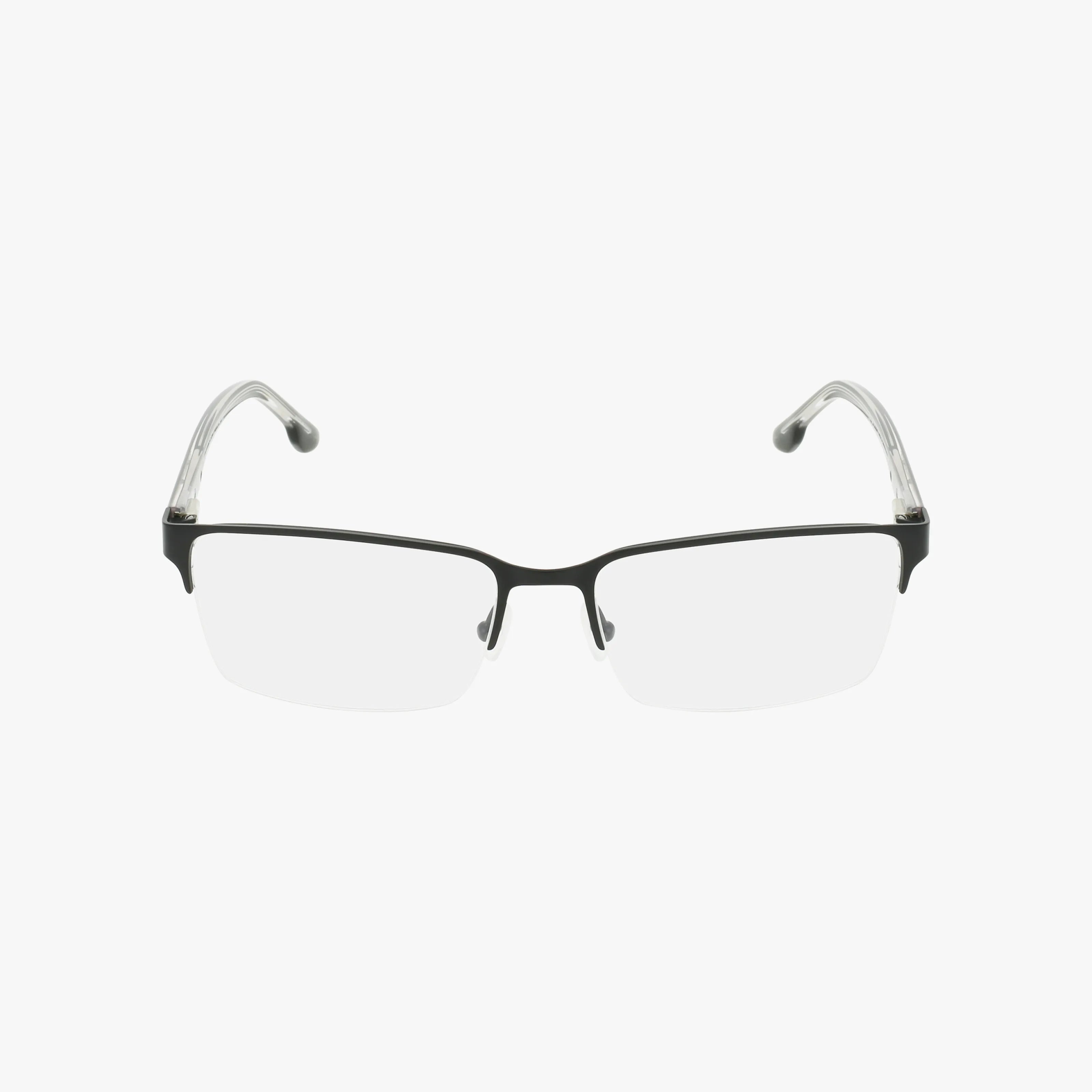 The C3047 features rectangular, semi-rimless eyeglasses with a durable black frame and clear plastic temple arms, perfect for fashion eyewear enthusiasts, shown on a white background.