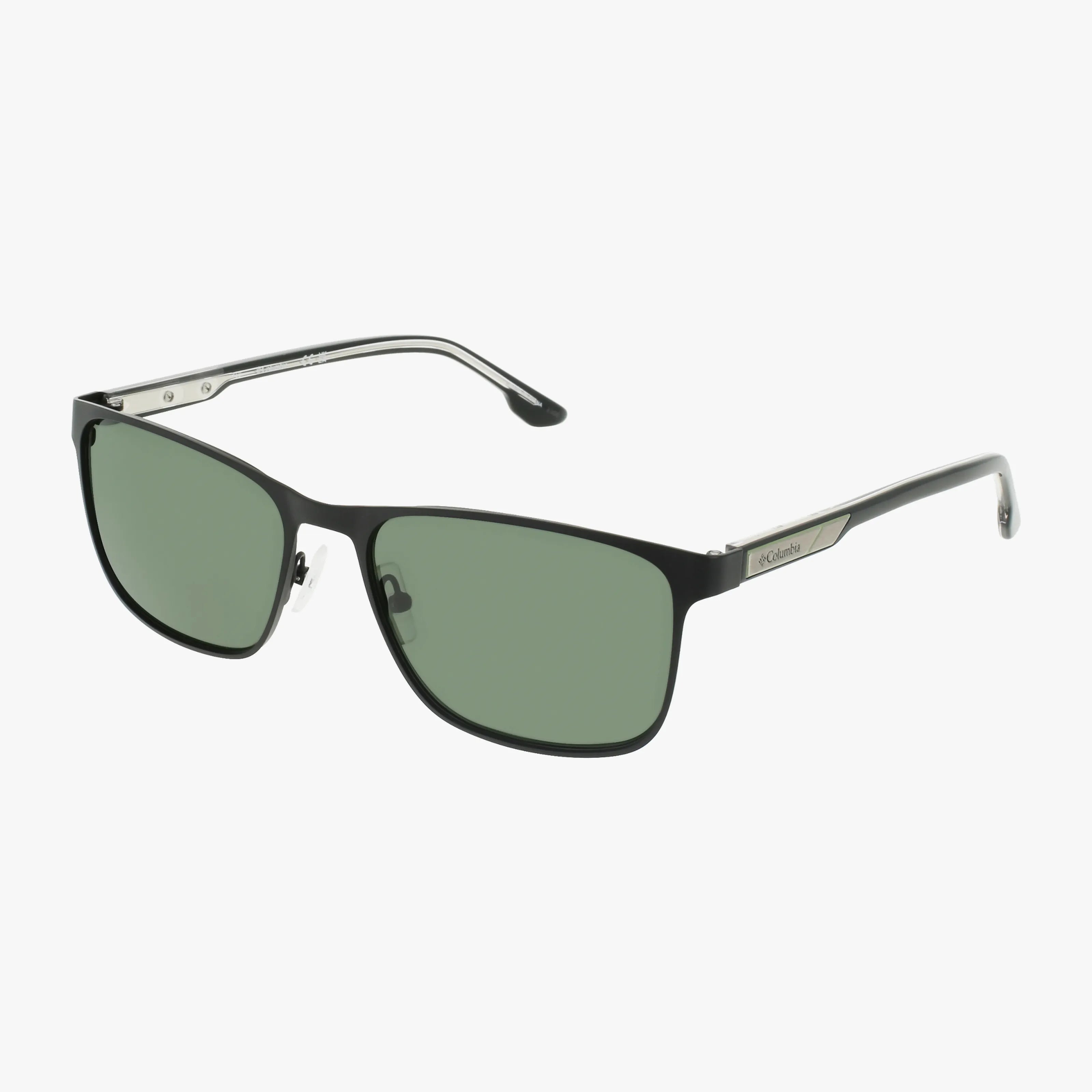 The C126S sunglasses feature rectangular black frames, green-tinted lenses, and metal arm accents. They provide UV protection and are shown on a white background.