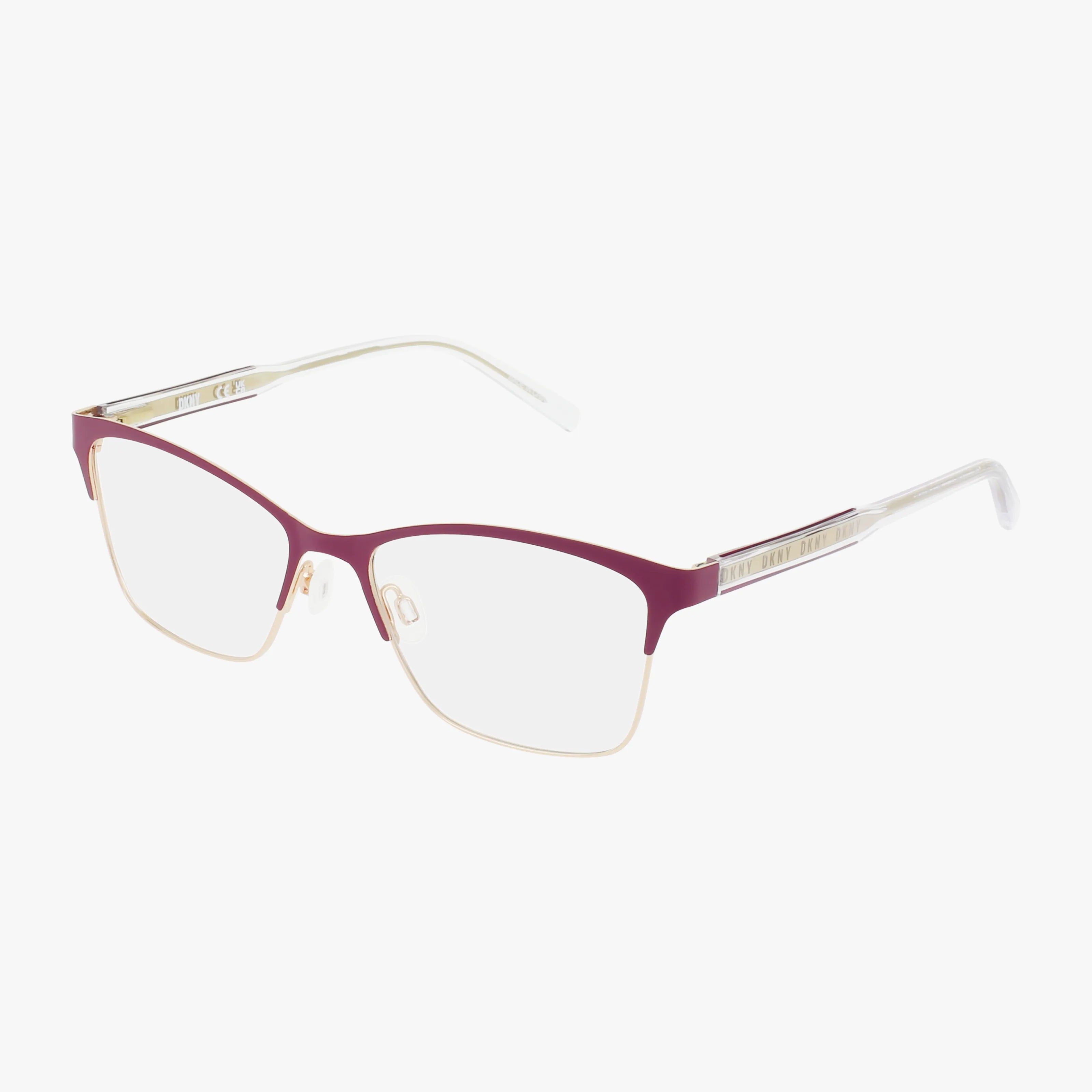 The DKNY DK3008 features rectangular eyeglass frames with thin burgundy metal fronts and transparent temples, shown on a white background.