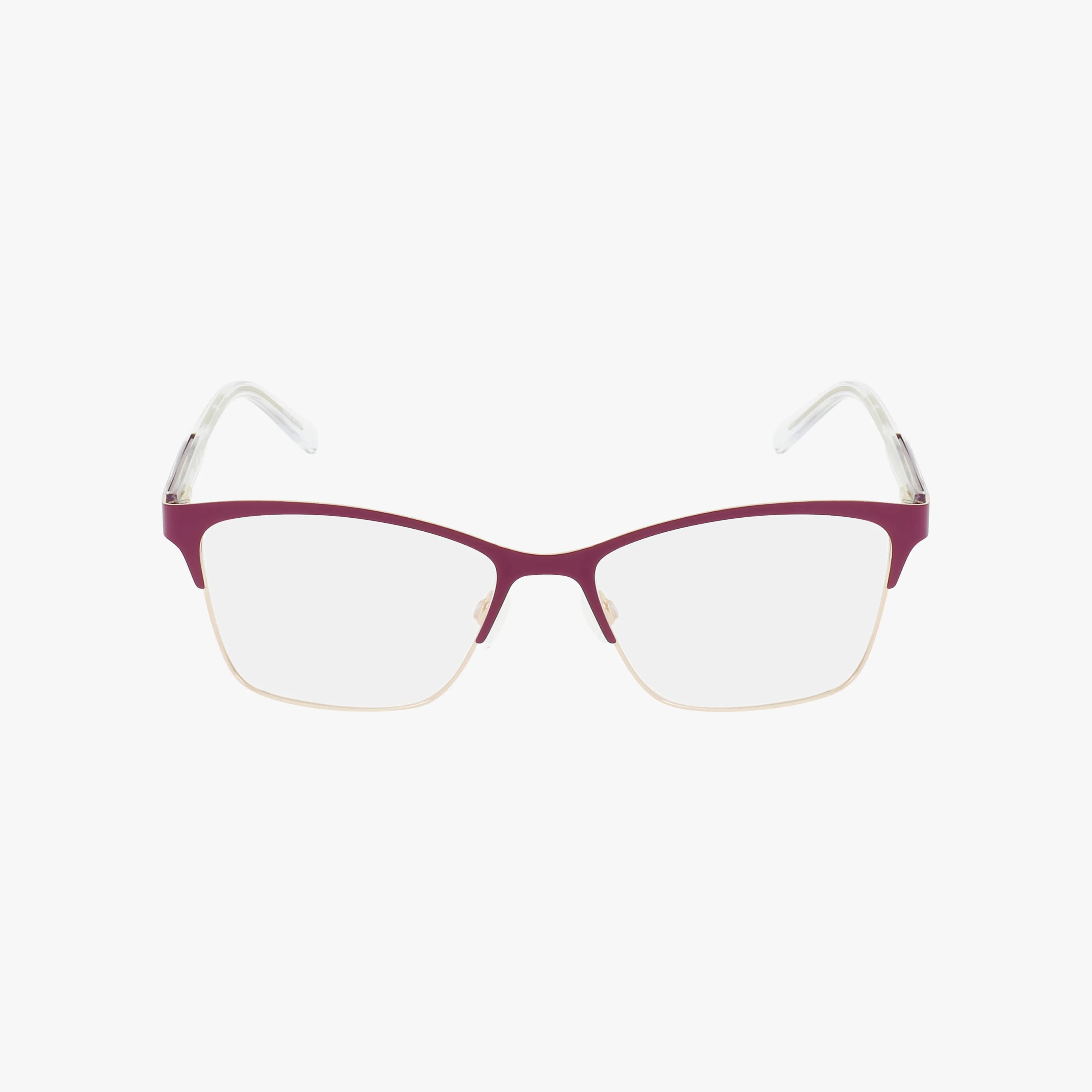 DKNY DK3008 semi-rimless eyeglasses feature thin rectangular lenses, a burgundy upper metal frame, and clear temple tips, shown on a white background.