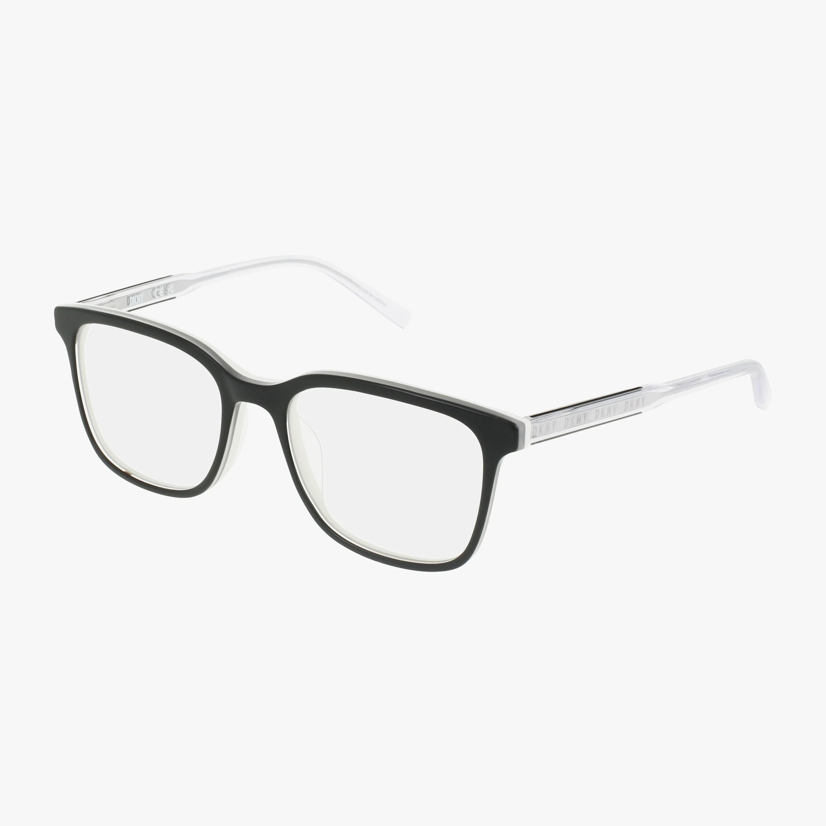 The DK5065 features rectangular eyeglasses with a lightweight black front frame and transparent temples, ideal for daily wear, displayed on a white background.