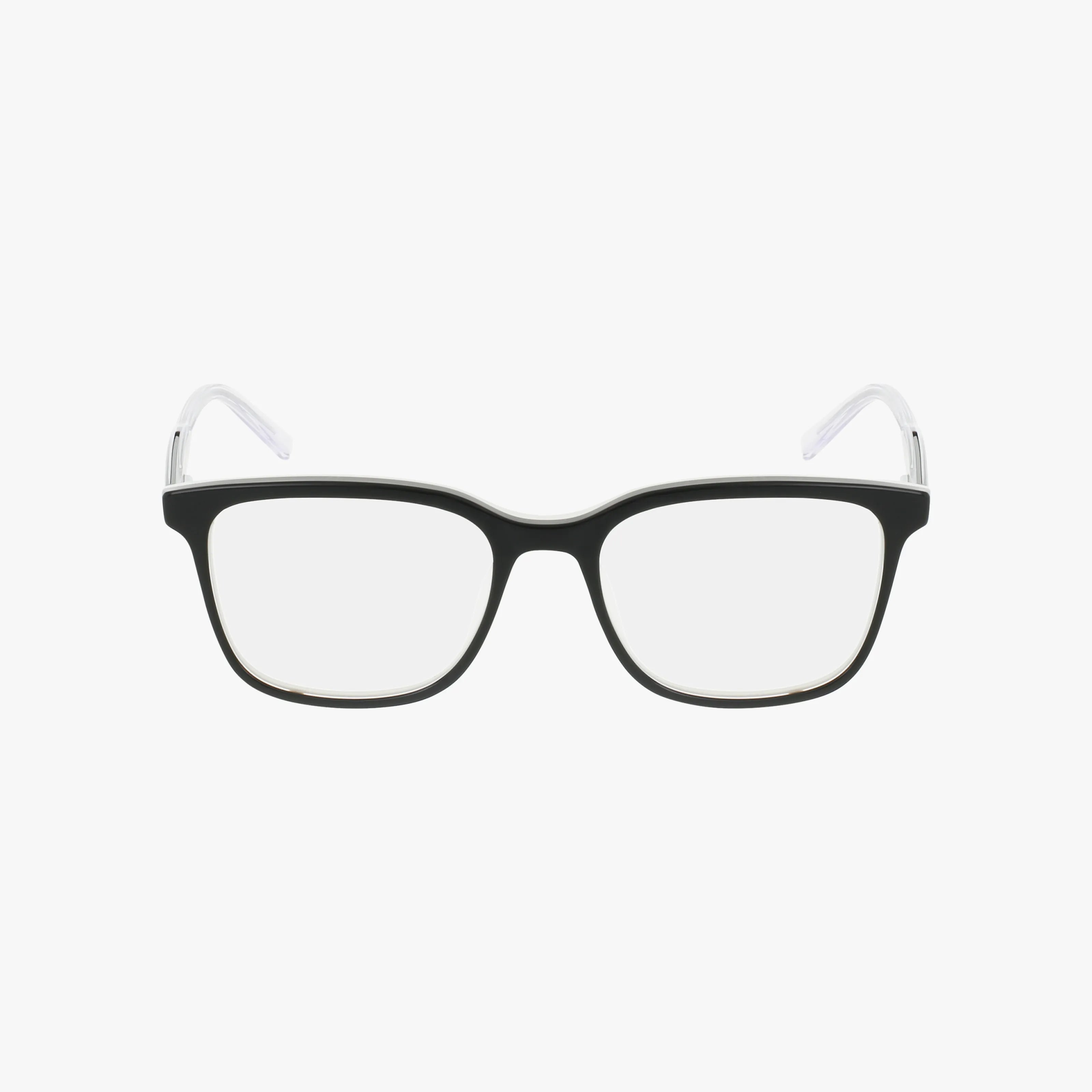 The DK5065 features a lightweight black rectangular frame with clear blue light lenses and transparent temple arms, shown against a plain white background. Ideal for daily wear.