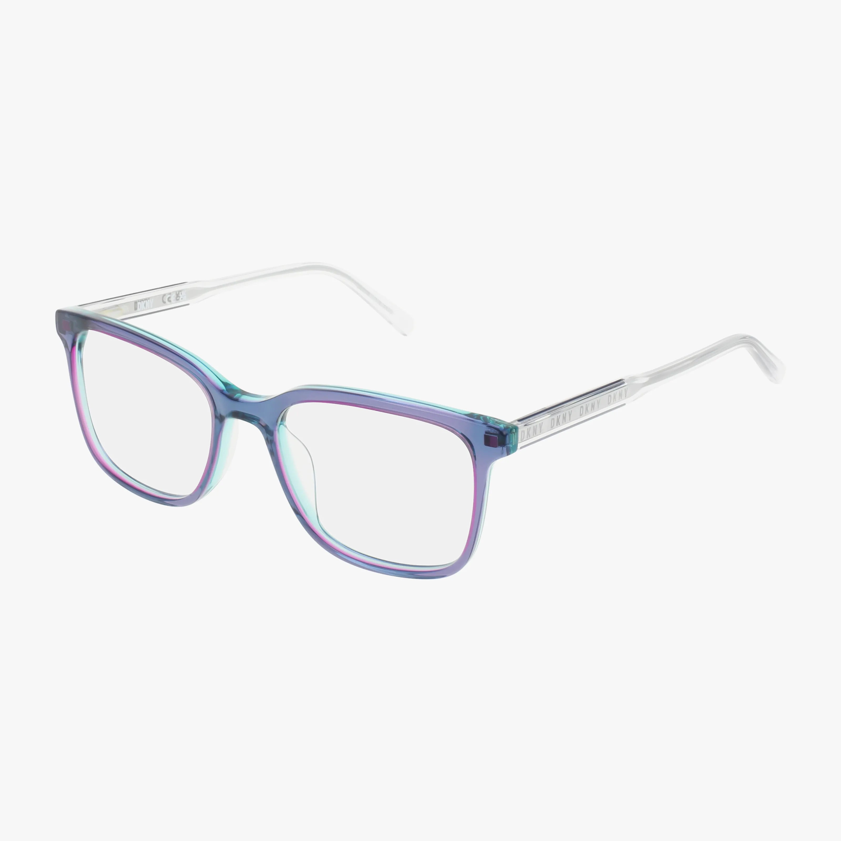 The DK5065 eyeglasses feature a rectangular shape with lightweight, transparent gradient frames in blue and purple and clear temples—ideal for daily wear, shown on a white background.