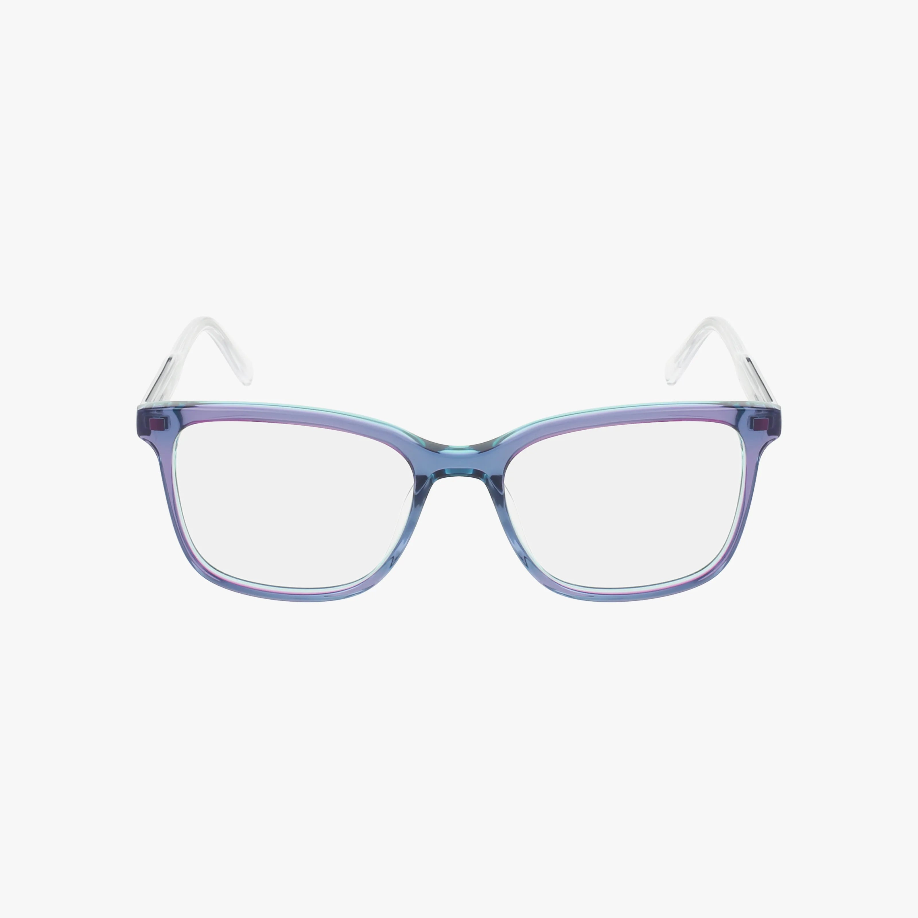 The DK5065 features rectangular, translucent blue frames with clear, slightly curved arms. This lightweight pair of eyeglasses is ideal for everyday wear and is shown against a plain white background.