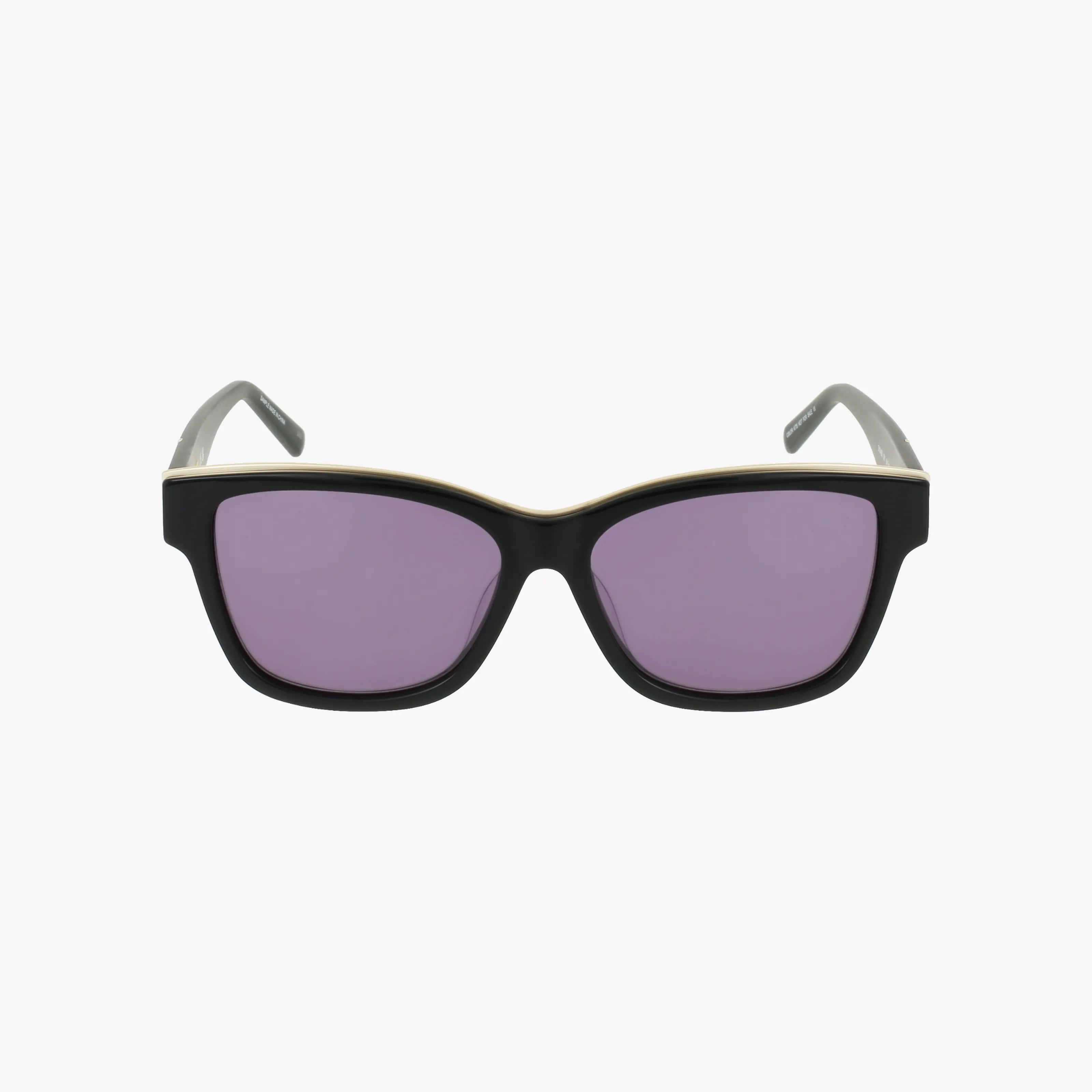 Front view of DKNY DK549S black rectangular sunglasses with urban-chic purple-tinted lenses and light gray arms, displayed on a plain white background.