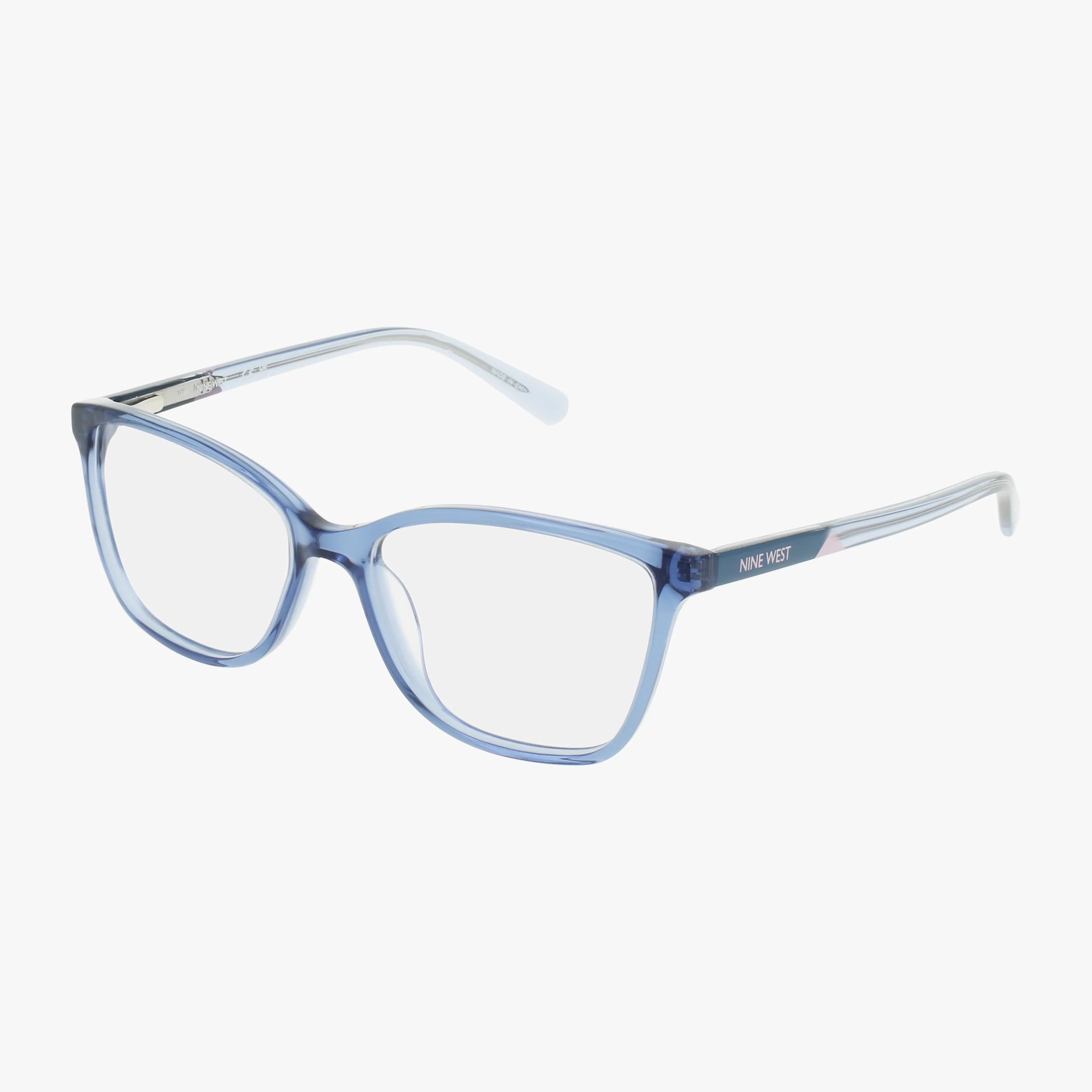The NW5226 features blue translucent rectangular lenses and thin arms, with the NINE WEST logo on the side. This modern, lightweight, and durable eyeglass frame is showcased against a plain white background.