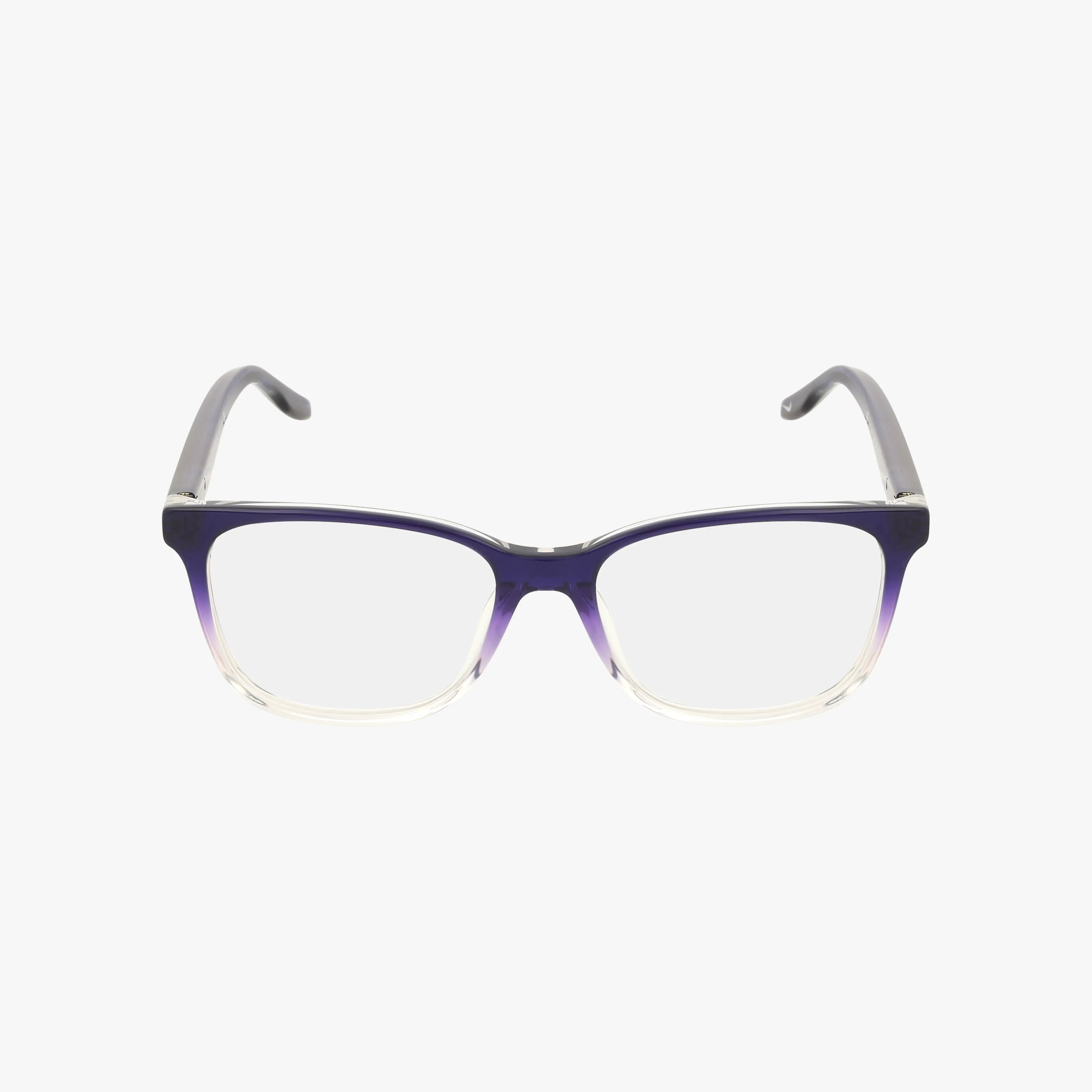 The NIKE 5054 kids rectangular eyewear features a gradient frame from dark purple to clear, displayed on a white background—ideal for prescription lenses.