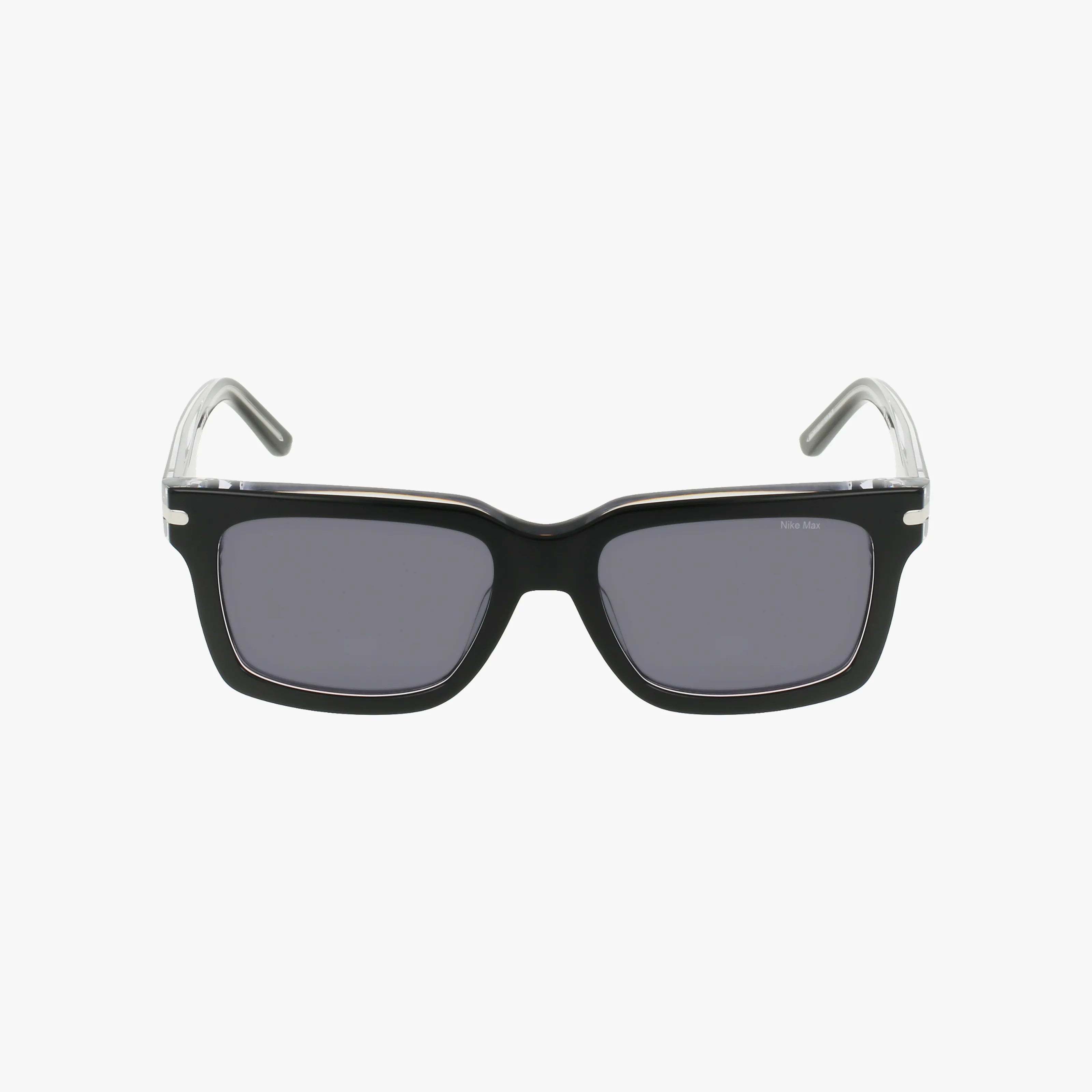 Front view of NIKE EV24017 black rectangular sunglasses with dark lenses and transparent arms, ideal for outdoor adventures, displayed on a plain white background.
