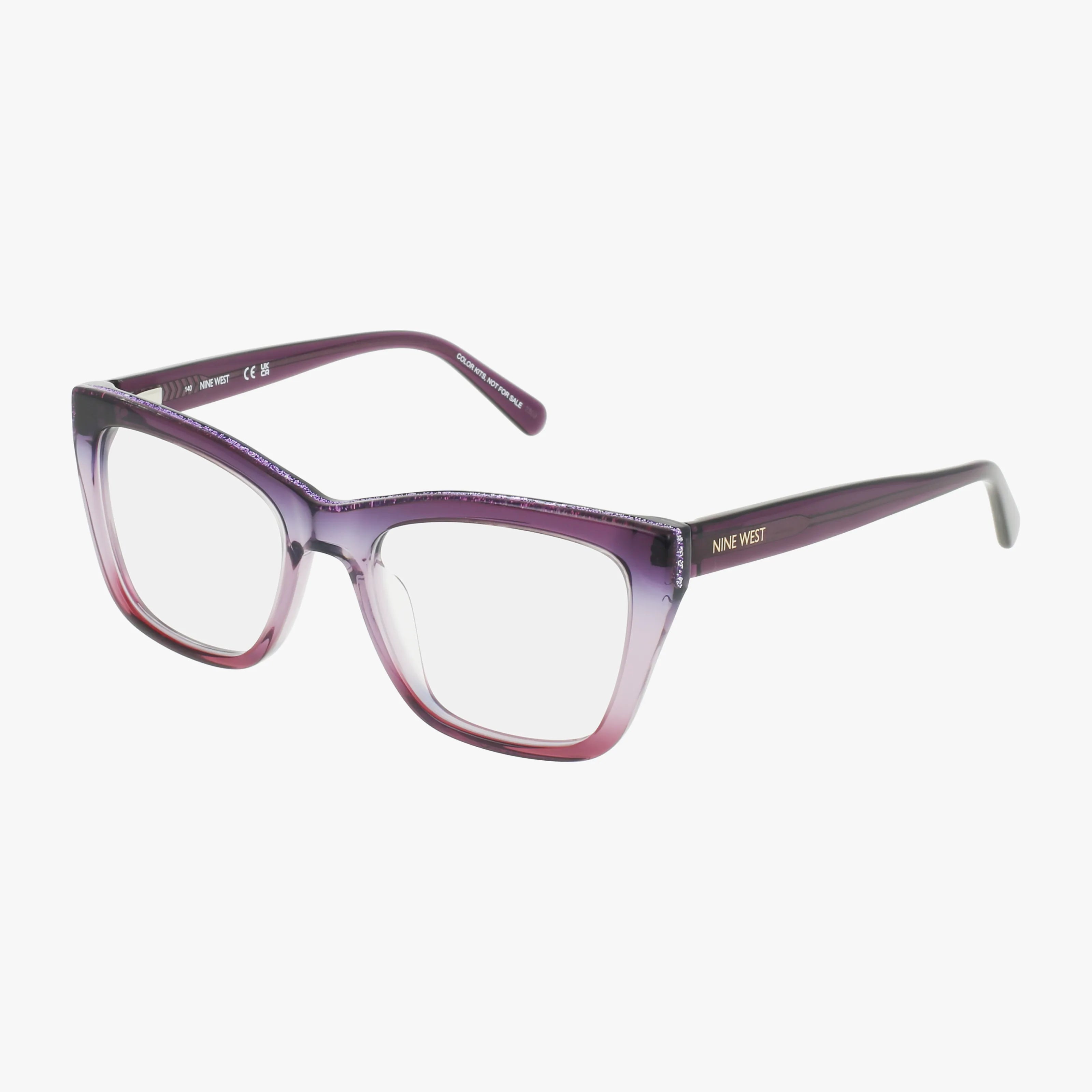 The NW5230 eyeglasses feature a purple and pink ombre rectangular frame with clear lenses and thick temples, highlighted by NINE WEST branding, displayed on a white background.