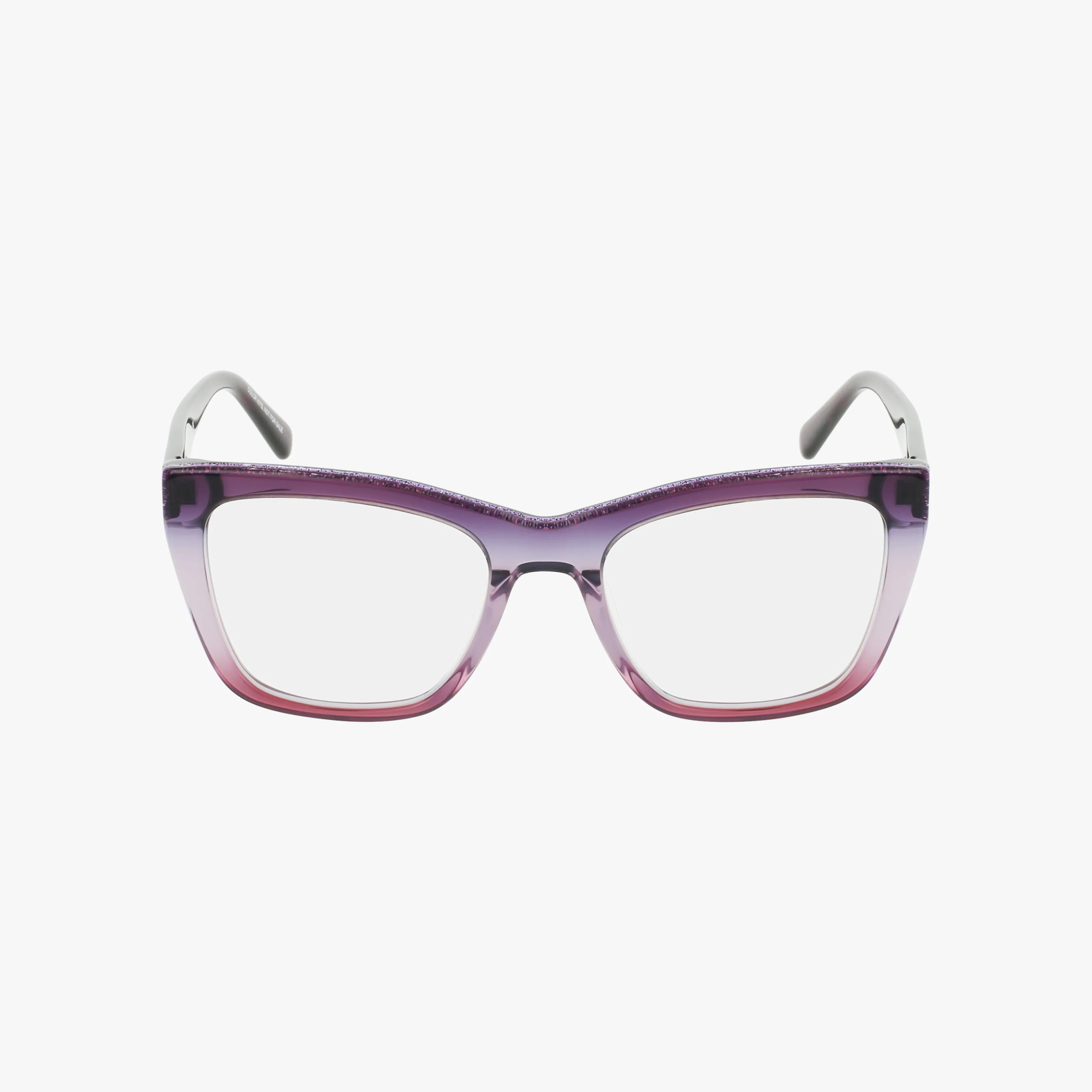 The NW5230 by Nine West features cat-eye eyeglasses with a gradient frame that shifts from dark purple at the top to light pink at the bottom, highlighting contemporary style against a white background.