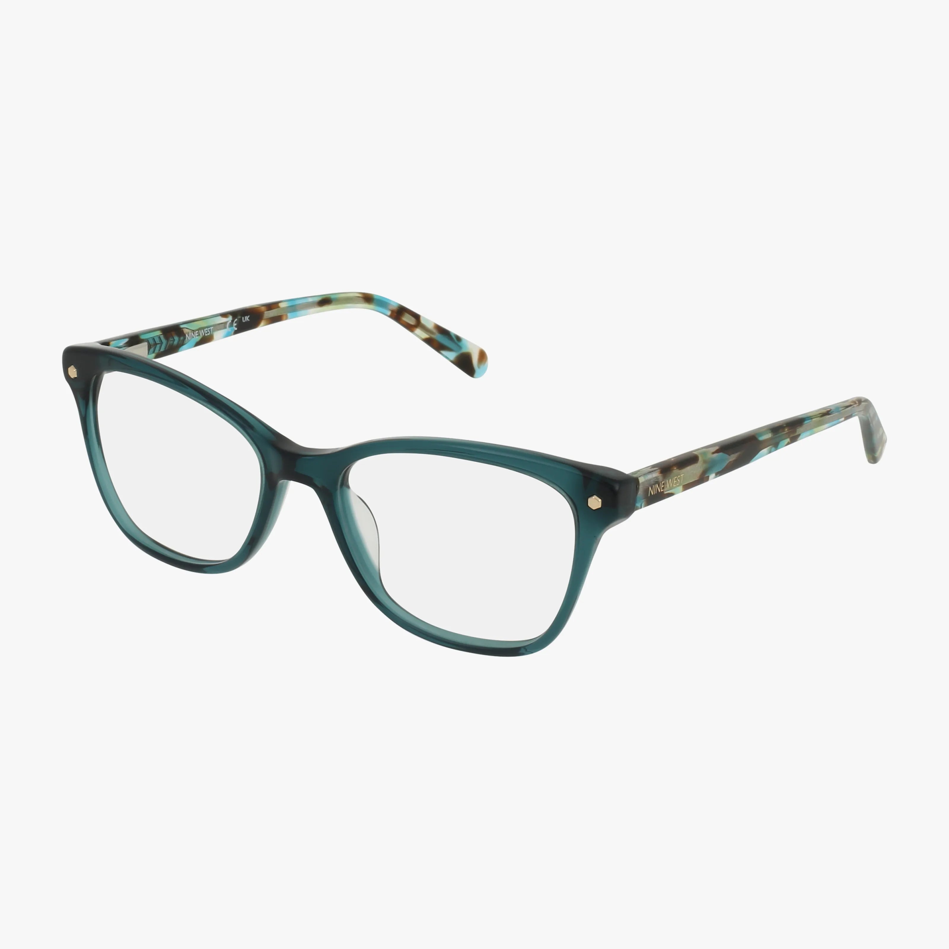 The NW5233 eyeglasses feature a bold teal rectangular frame with clear lenses and temples adorned with a marbled pattern in teal, brown, and white, shown against a plain white background.