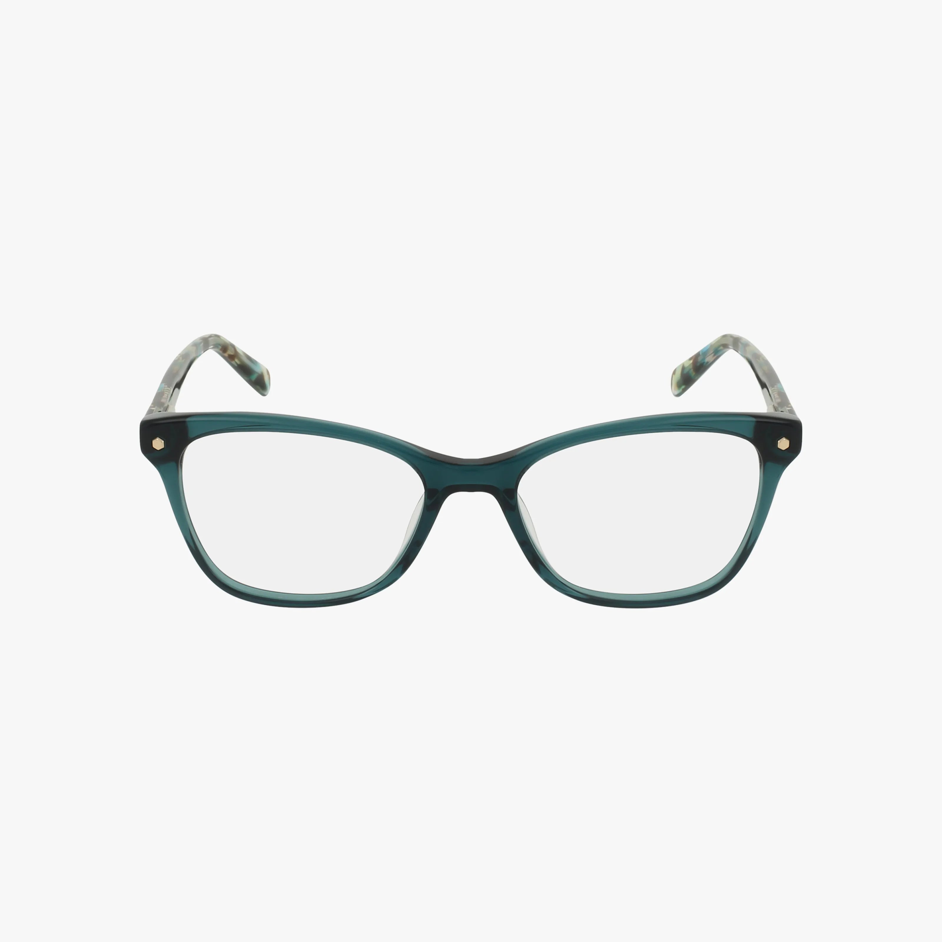 The NW5233 eyeglasses feature a bold teal design with clear rectangular lenses and patterned temple tips, displayed on a white background.