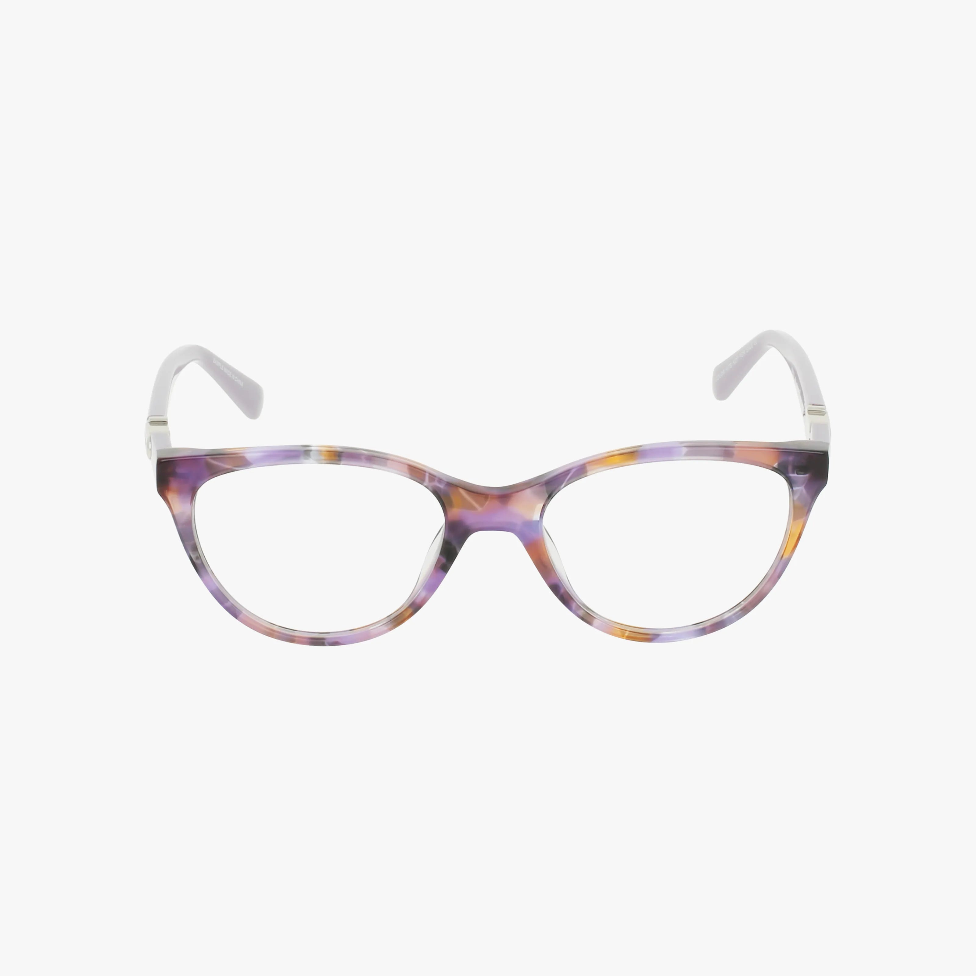The NW5235 cat-eye eyeglasses feature a multicolored marbled frame in purple, brown, and gold with white temples, blending classic style with timeless design, shown on a white background.