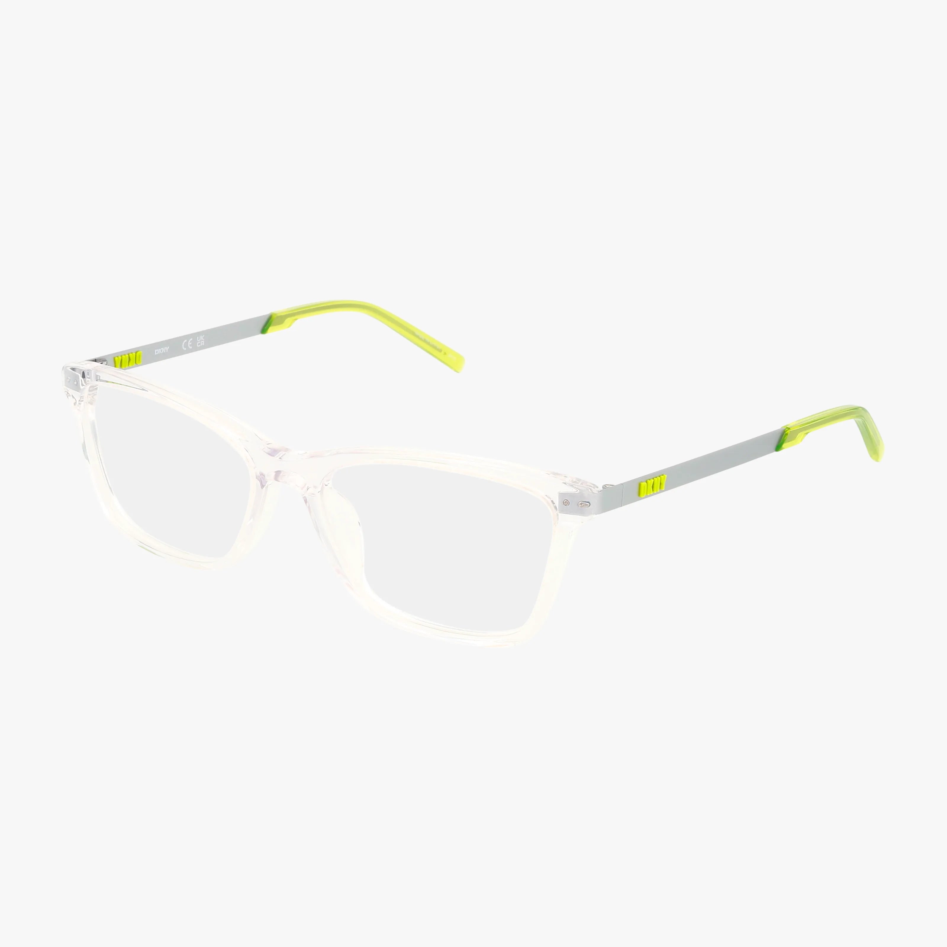 The DK7013 features clear square eyeglass frames with gray arms and neon yellow tips, offering a stylish look and secure fit, shown on a white background at a three-quarter angle.
