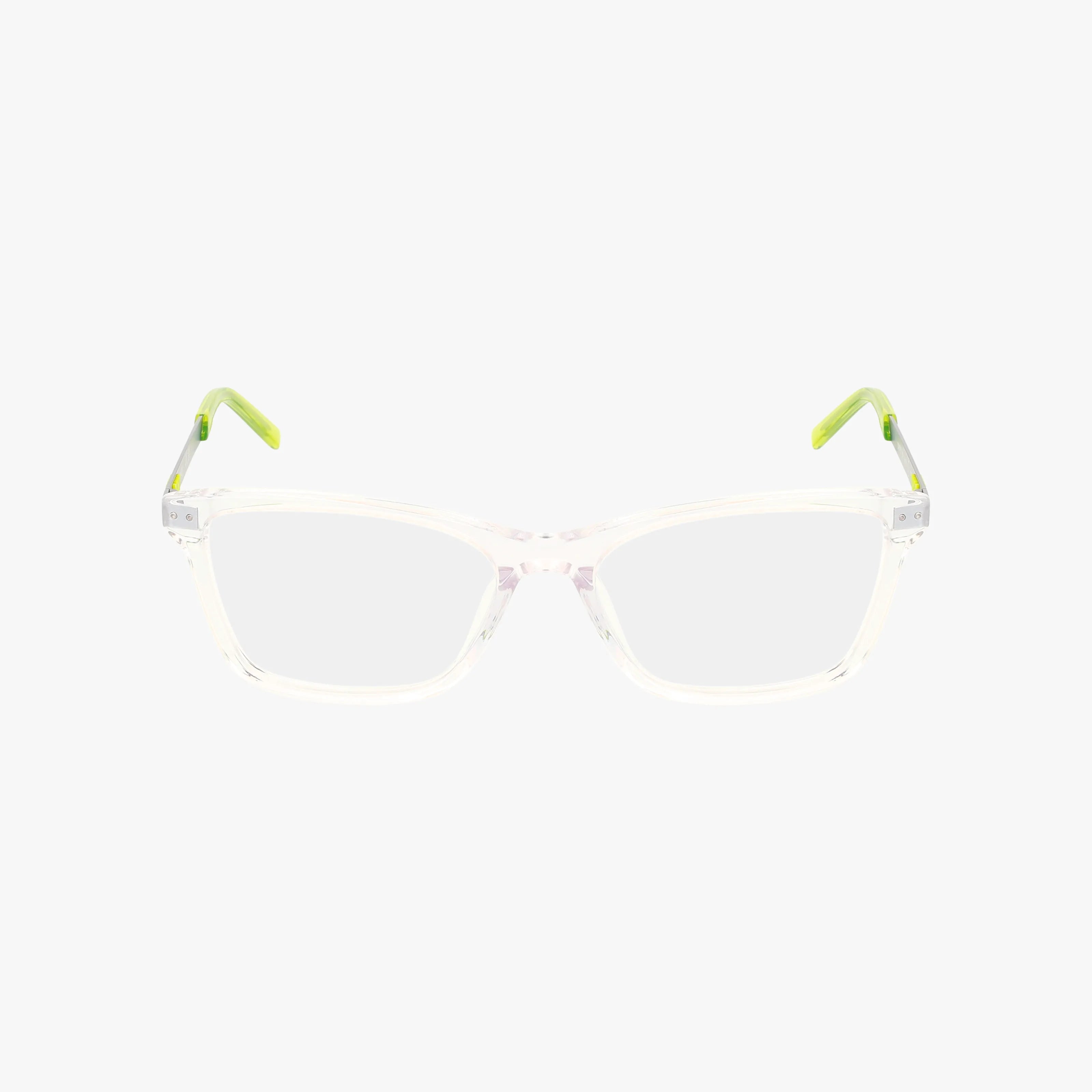 The DK7013 eyeglasses feature a clear rectangular frame with stylish light green temple tips, displayed on a white background.